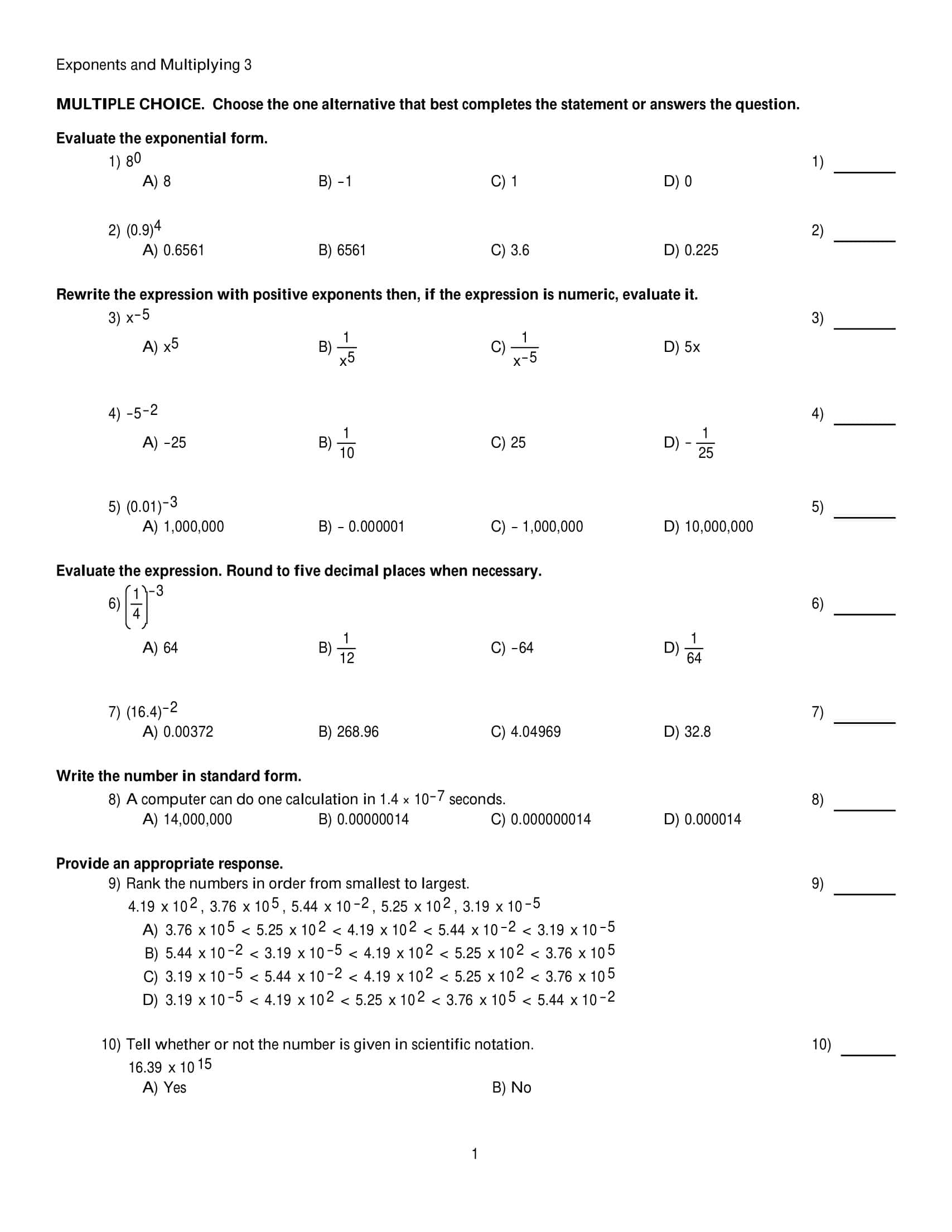 Free Printable Exponent Rules Worksheets [PDF] Answers Grade 1-12