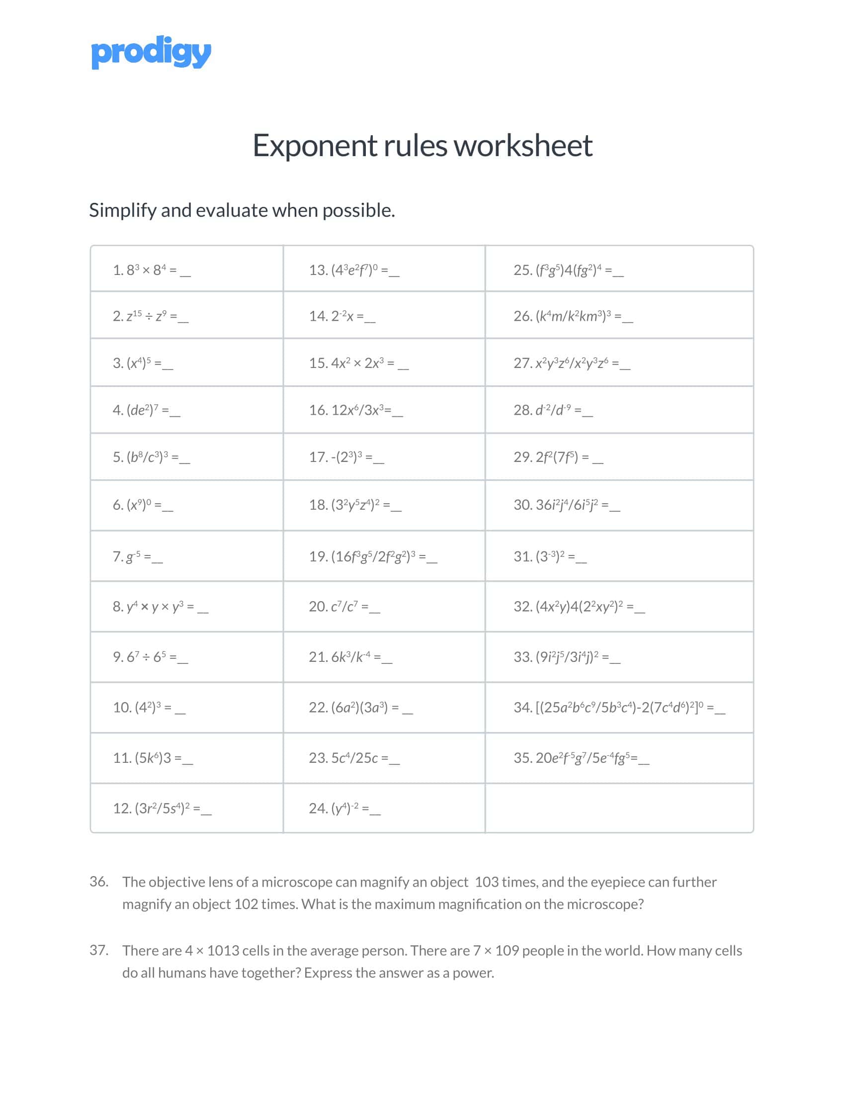 Free Printable Exponent Rules Worksheets [PDF] Answers Grade 1-12