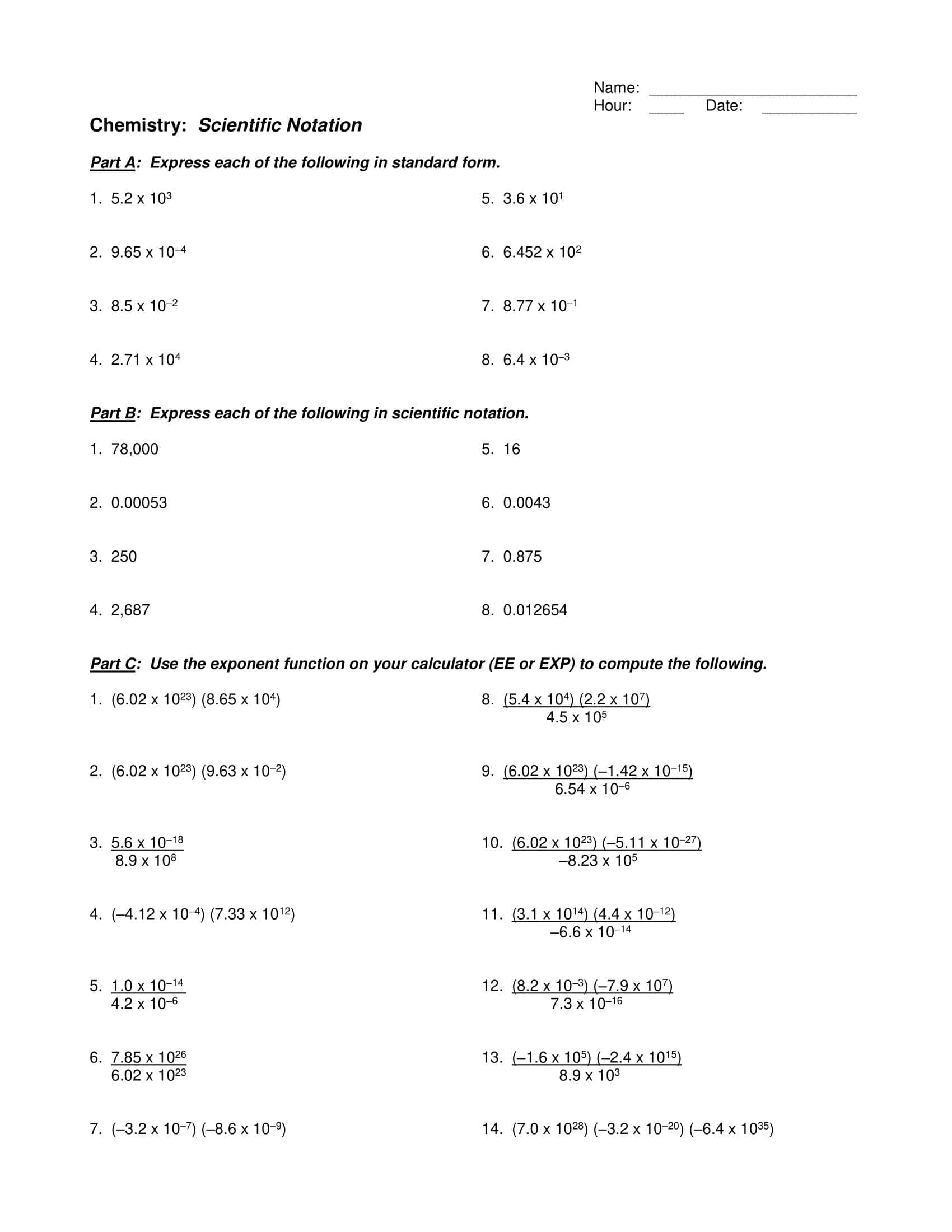 Free Printable Scientific Notation Worksheets [PDF] Answers Grade 1-12