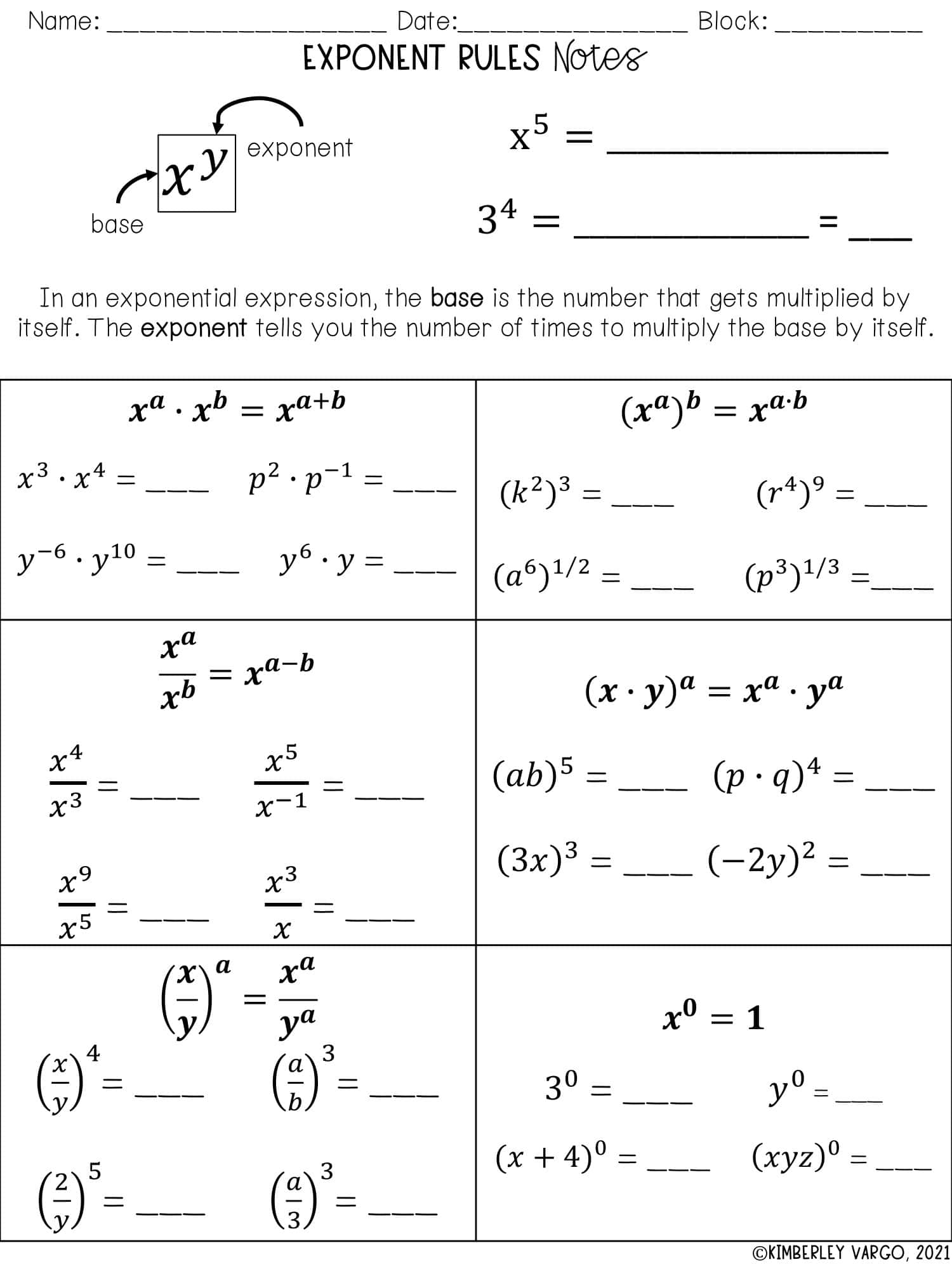 Worksheet On Exponent Rules