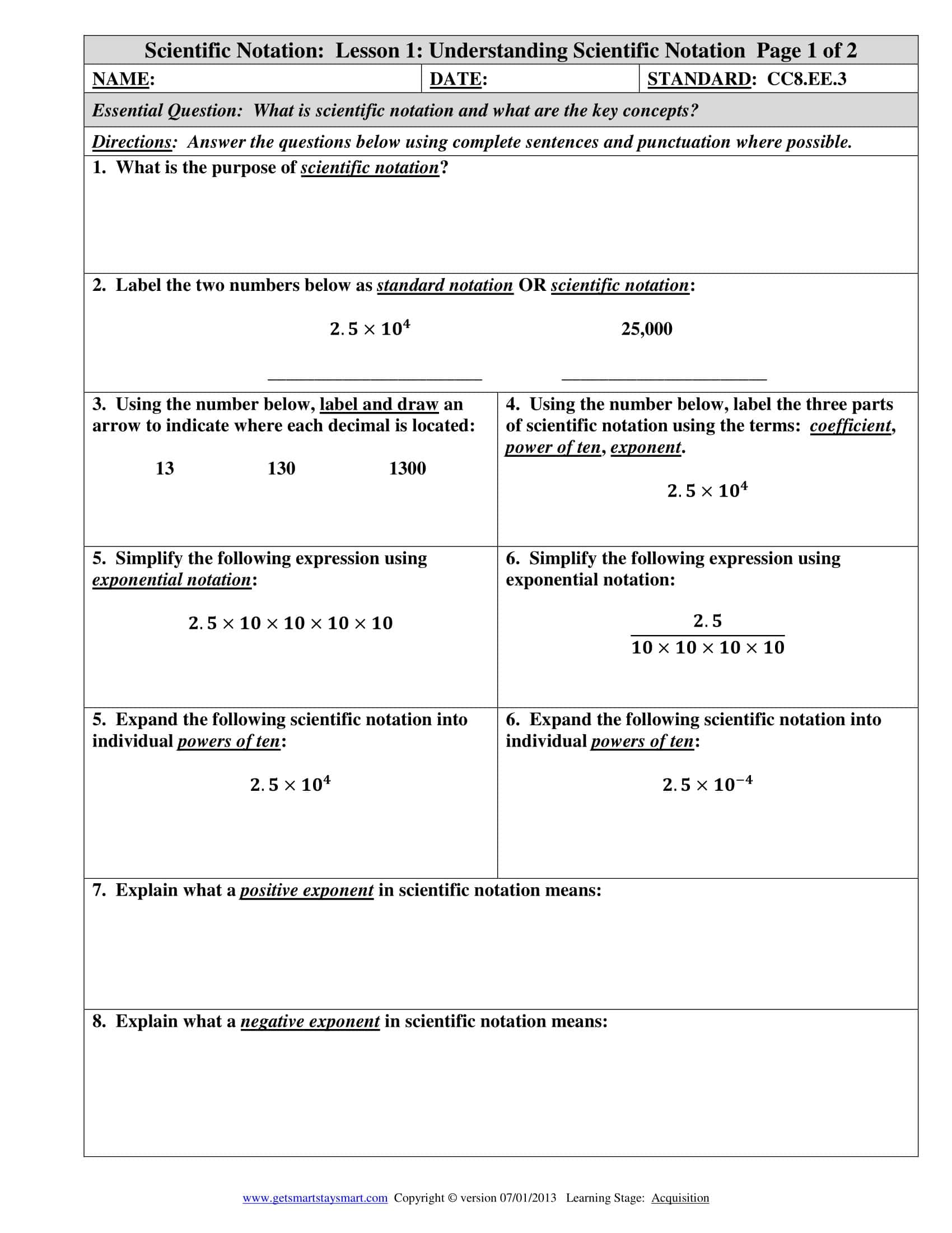 Free Printable Scientific Notation Worksheets [PDF] Answers Grade 1-12