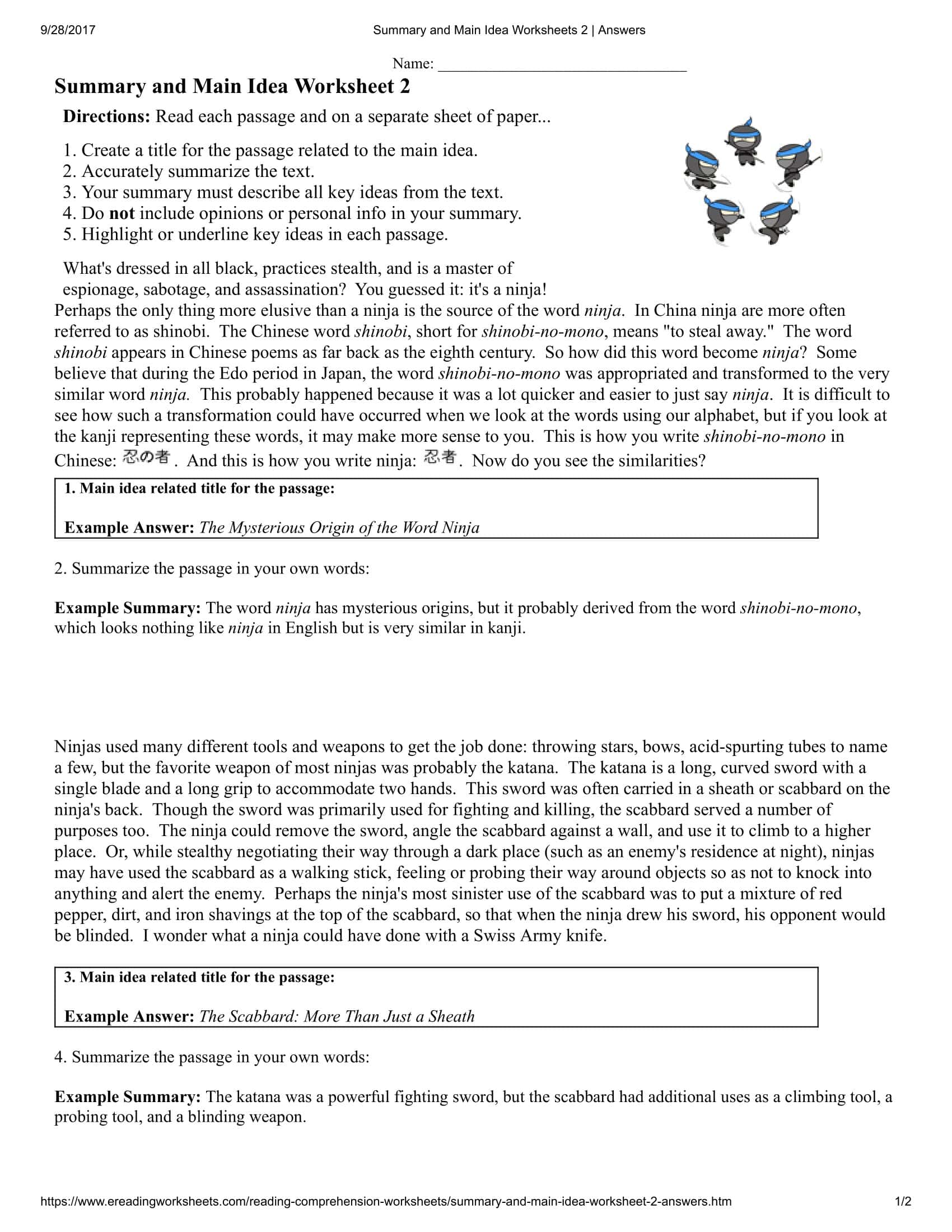 Free Printable Main Idea Worksheets [PDF] With Answers