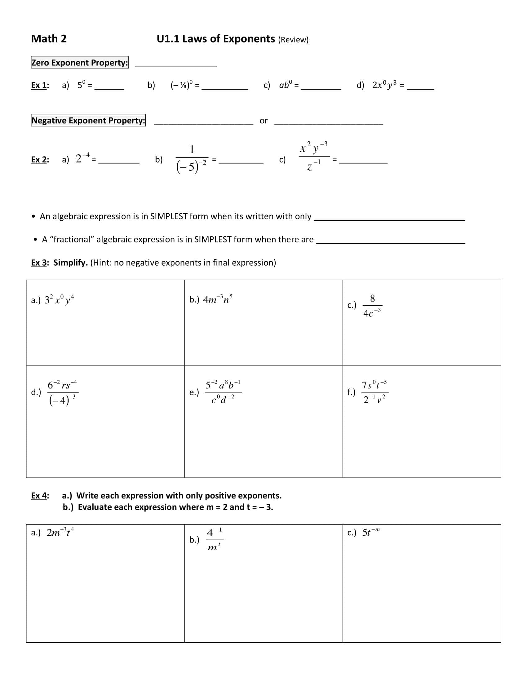 Free Printable Exponent Rules Worksheets [PDF] Answers Grade 1-12