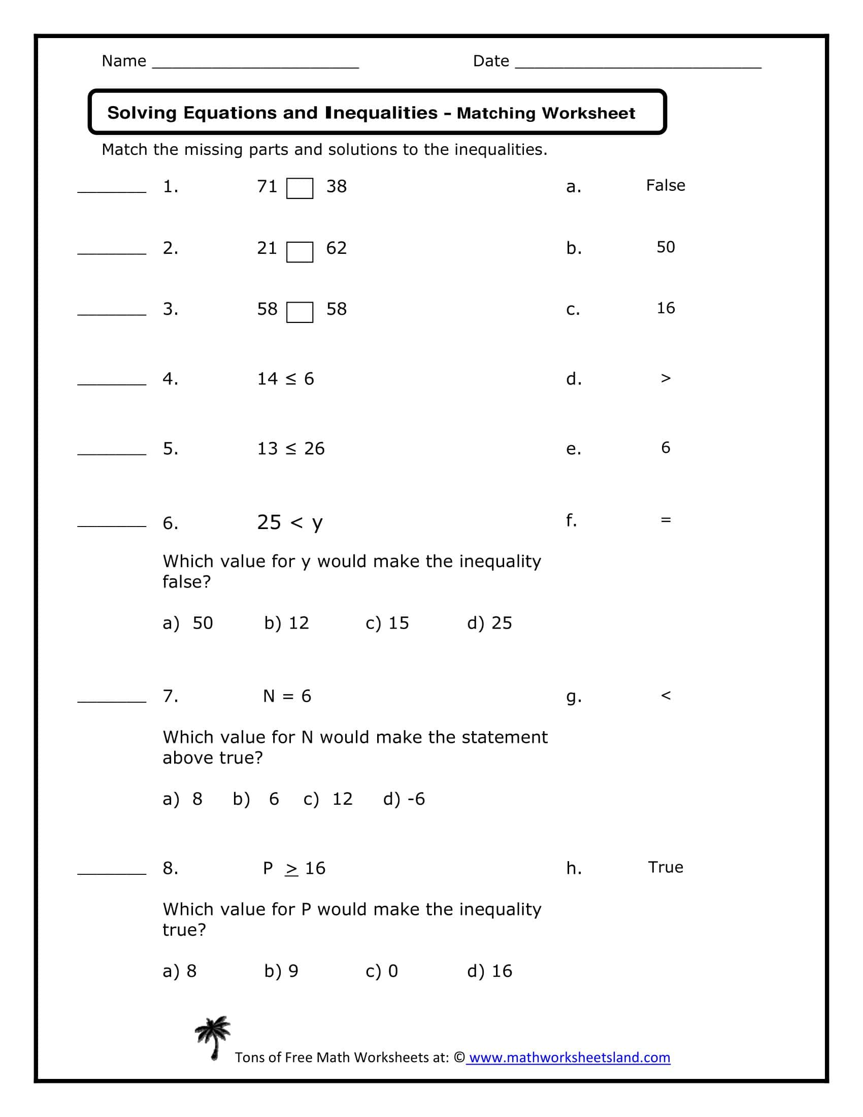 Free Printable Solving Inequalities Worksheets [PDF] Answers