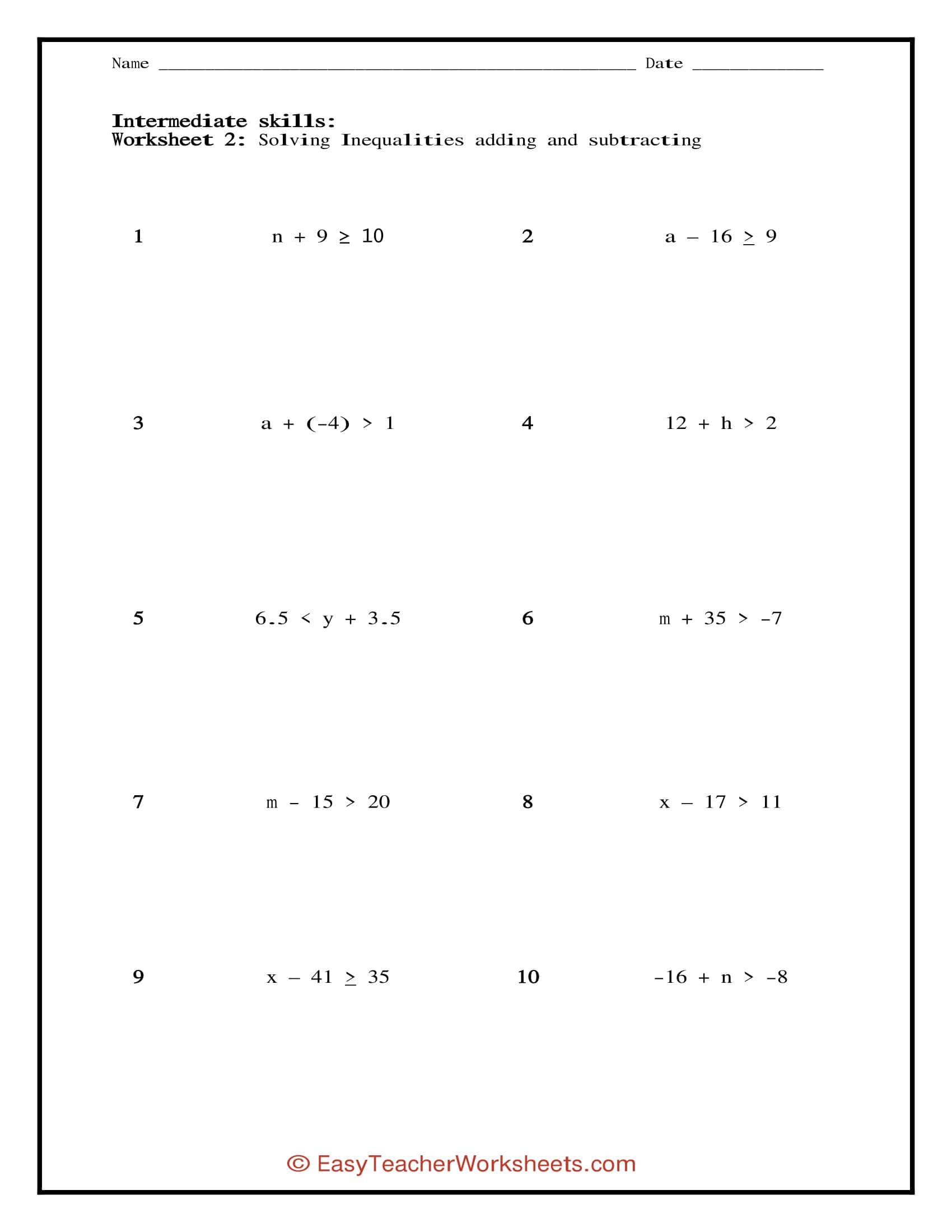 Free Printable Solving Inequalities Worksheets PDF Answers