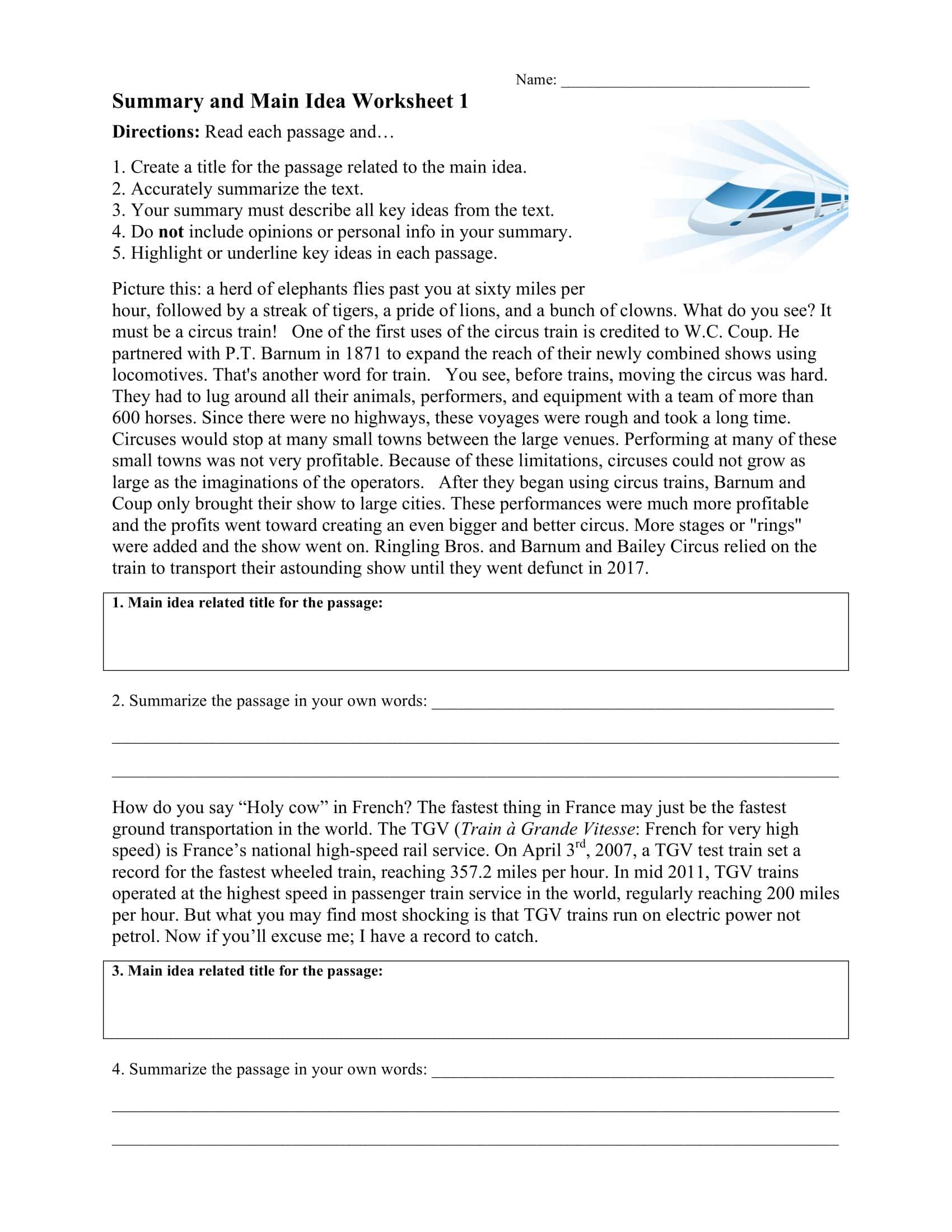 Main Idea Worksheet Printable Free