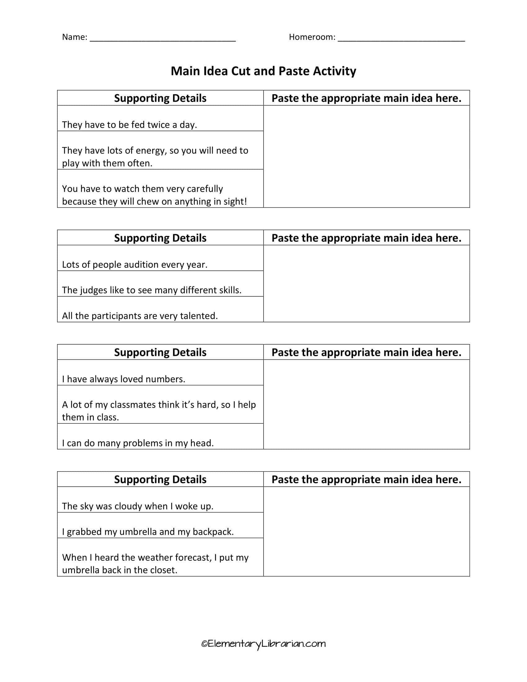 Main Idea Worksheets Printable