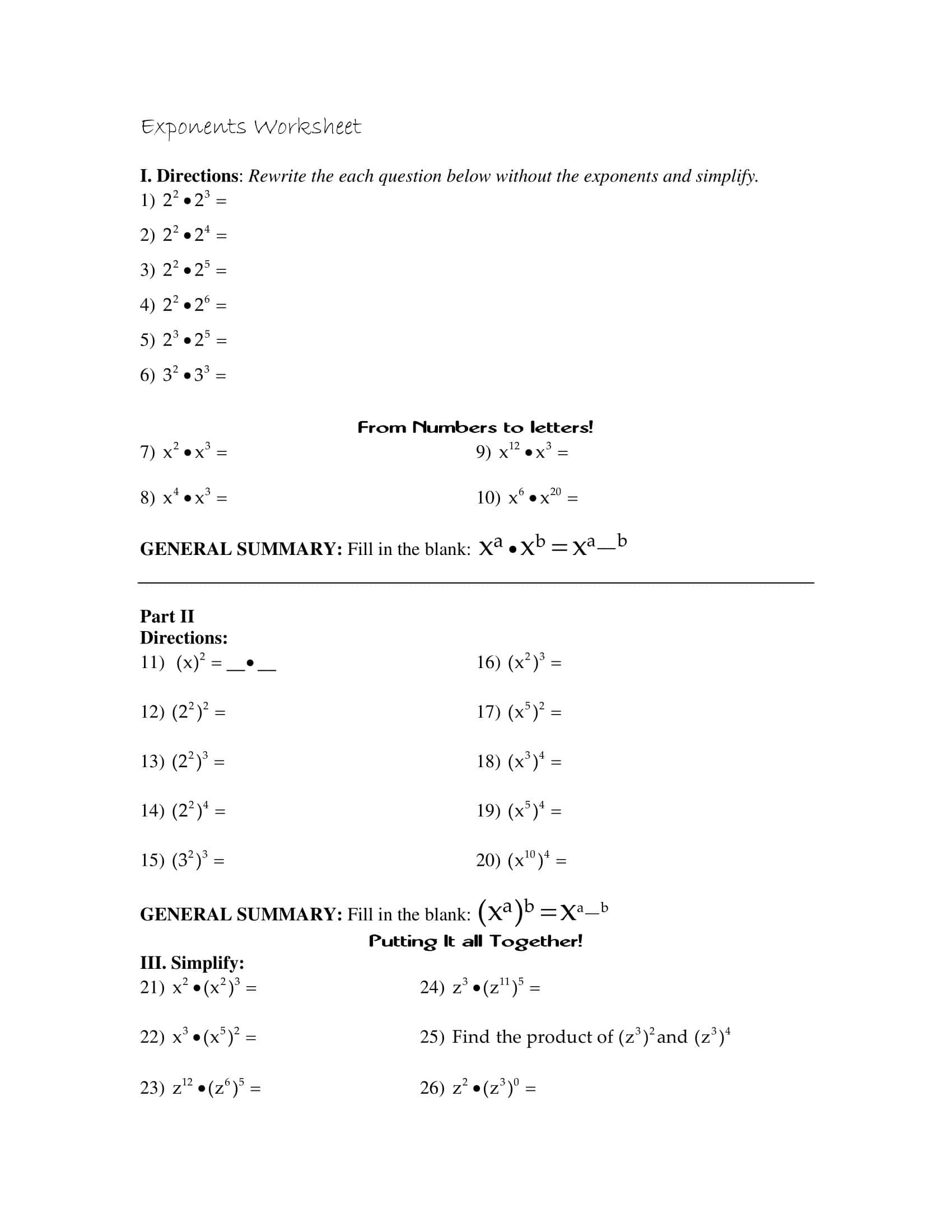 Free Printable Exponent Rules Worksheets [PDF] Answers Grade 1-12