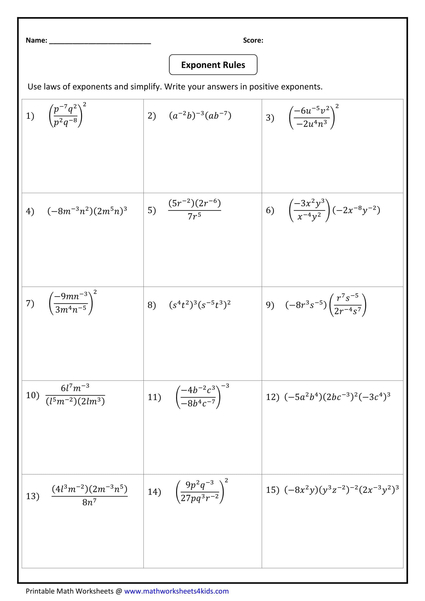 Free Printable Exponent Rules Worksheets [PDF] Answers Grade 1-12