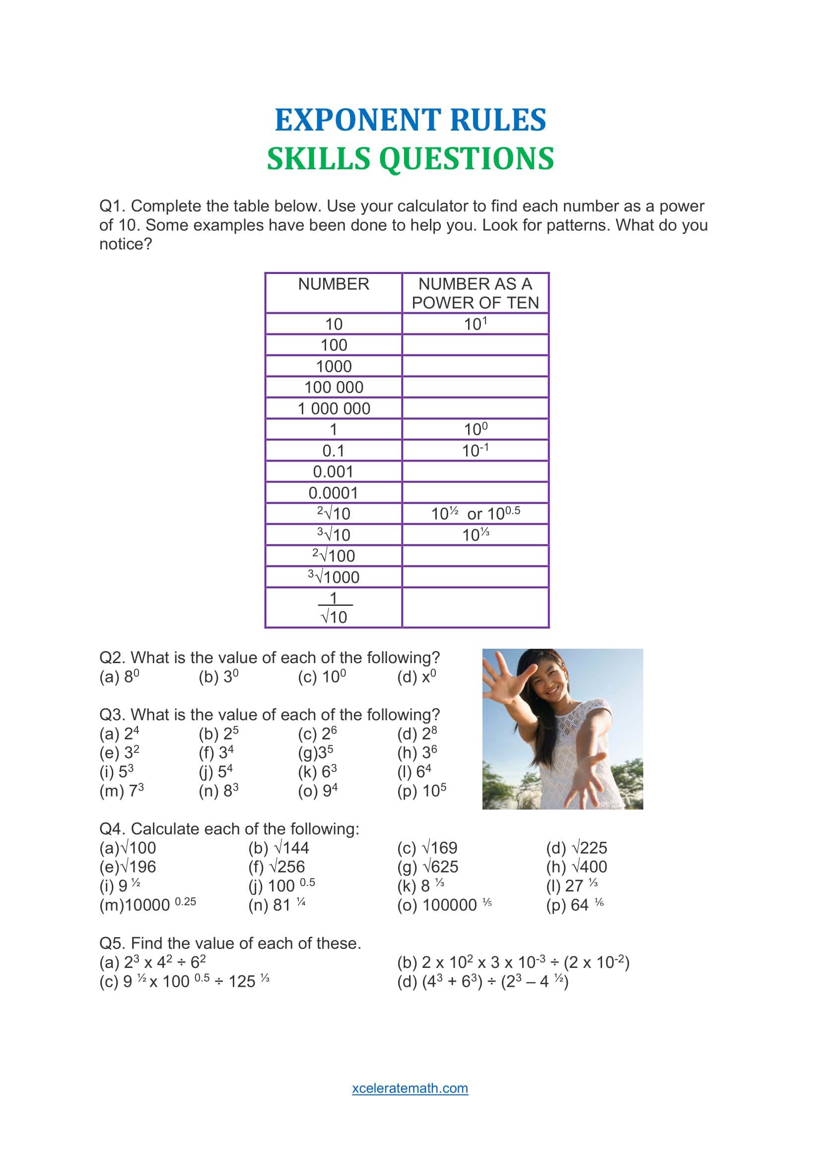 Free Printable Exponent Rules Worksheets [PDF] Answers Grade 1-12