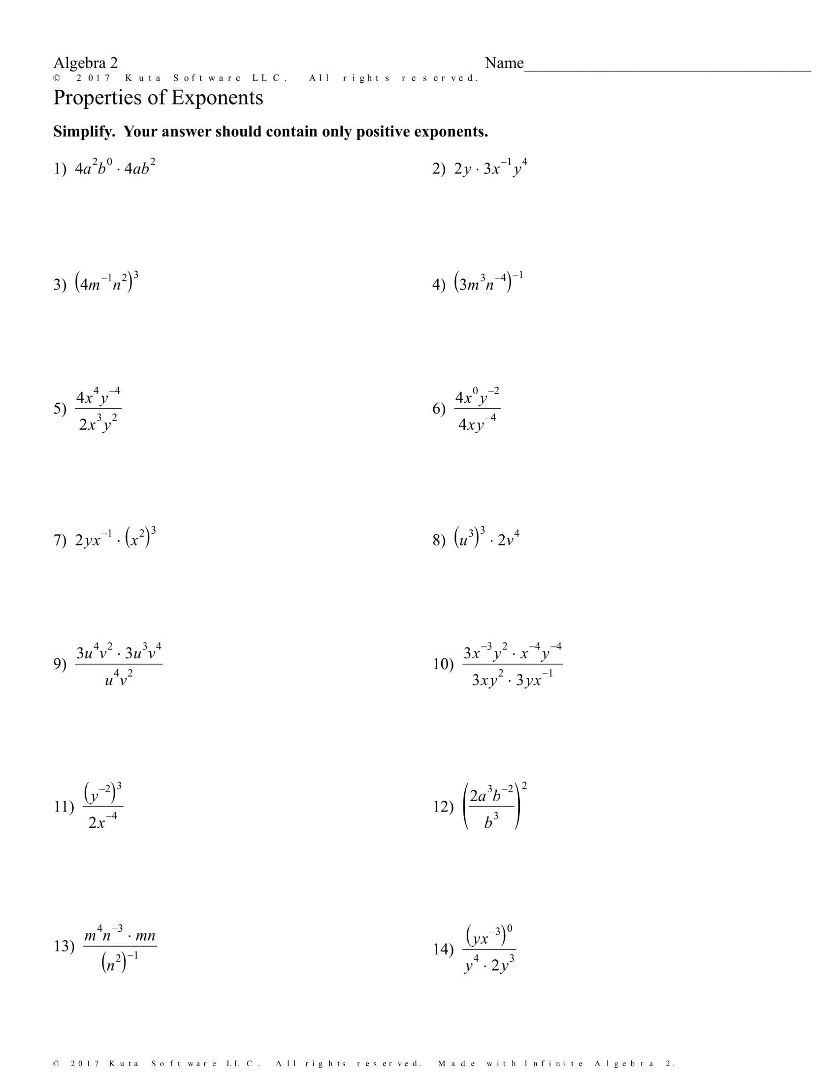 Free Printable Exponent Rules Worksheets [PDF] Answers Grade 1-12