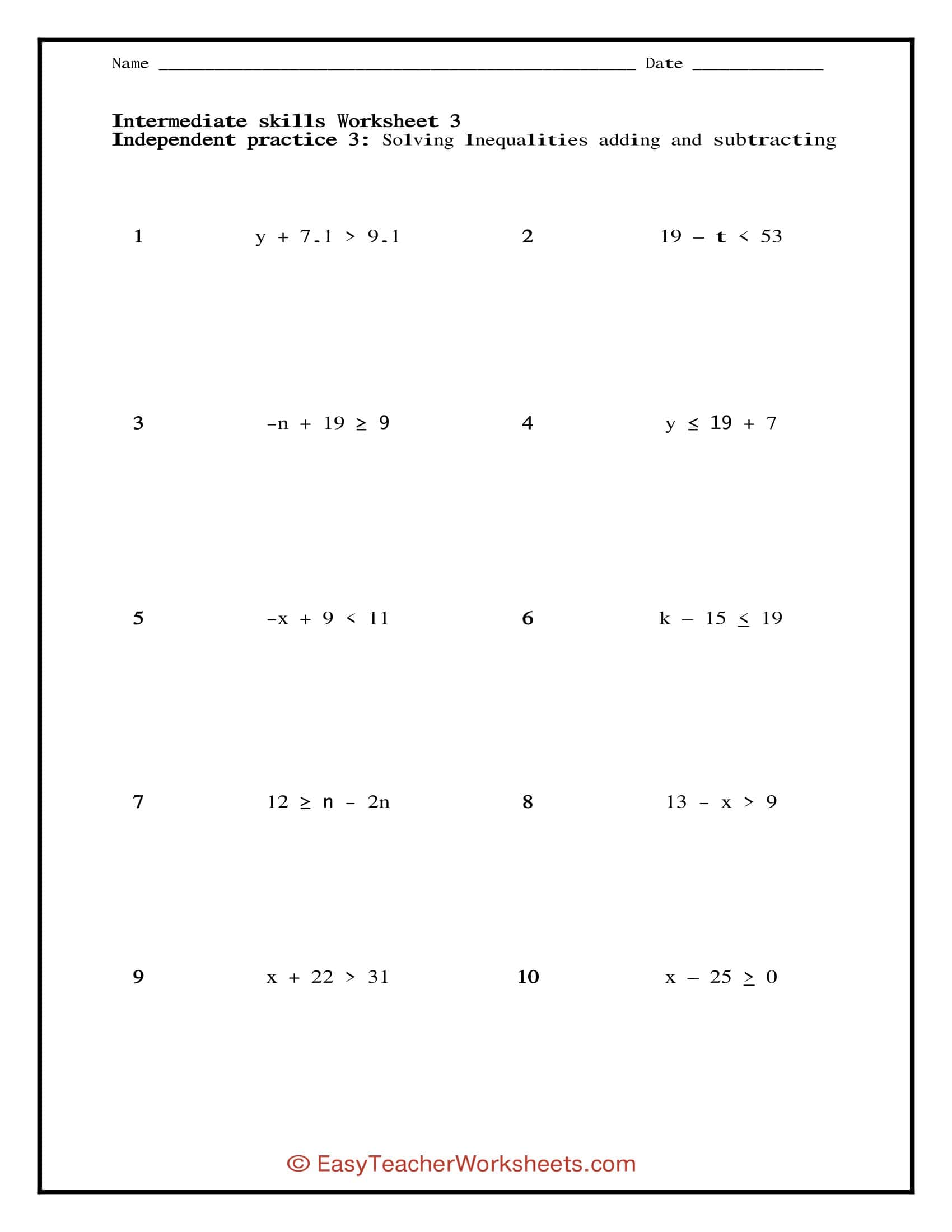 Free Printable Solving Inequalities Worksheets [PDF] Answers