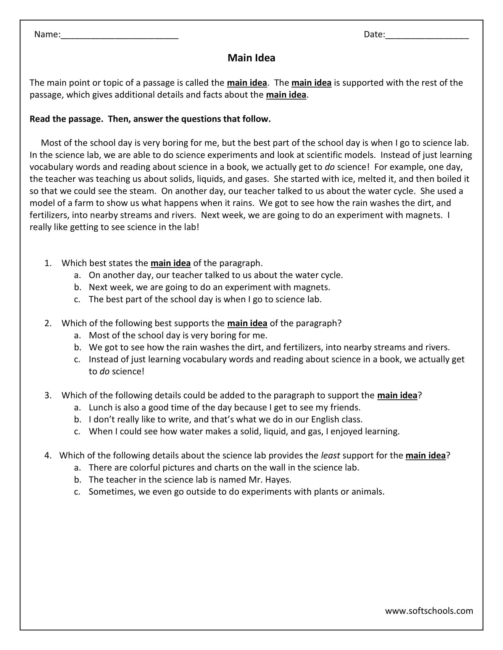 Main Idea Printable Worksheets