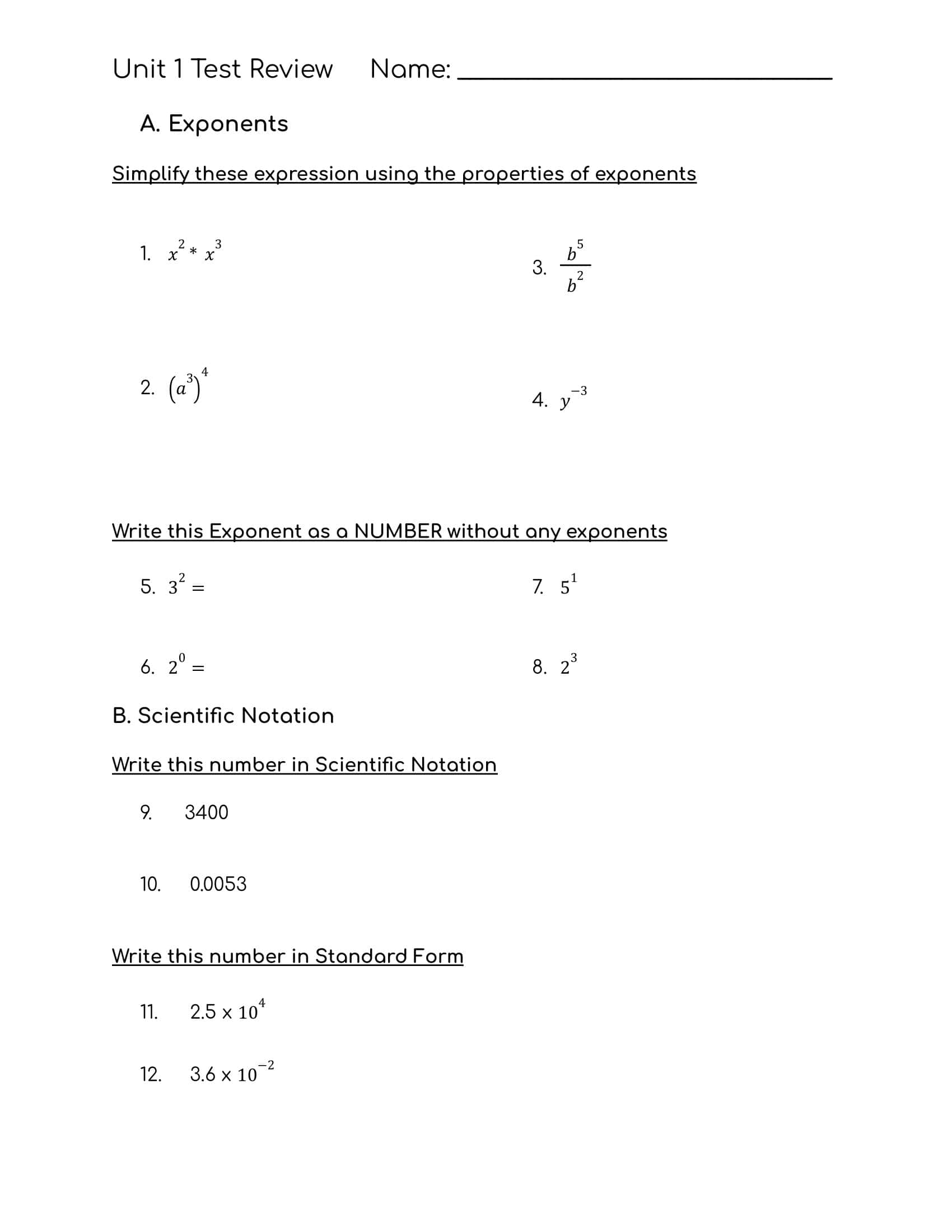 Free Printable Exponent Rules Worksheets [PDF] Answers Grade 1-12