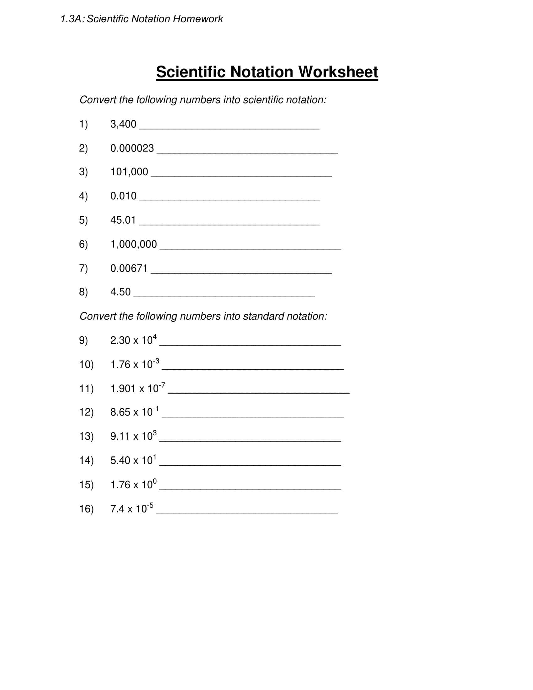 Free Printable Scientific Notation Worksheets [PDF] Answers Grade 1-12
