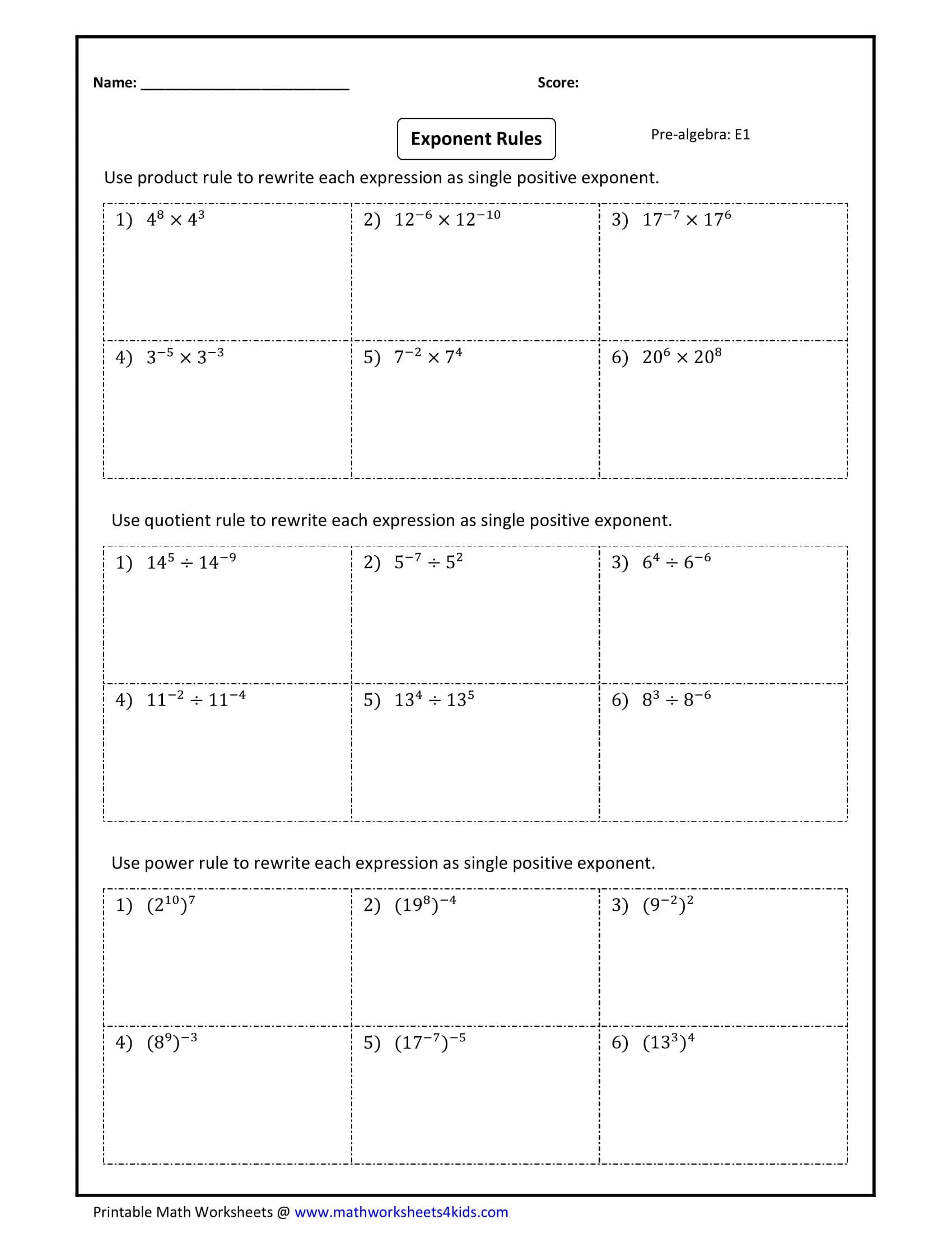 Free Printable Exponent Rules Worksheets [PDF] Answers Grade 1-12