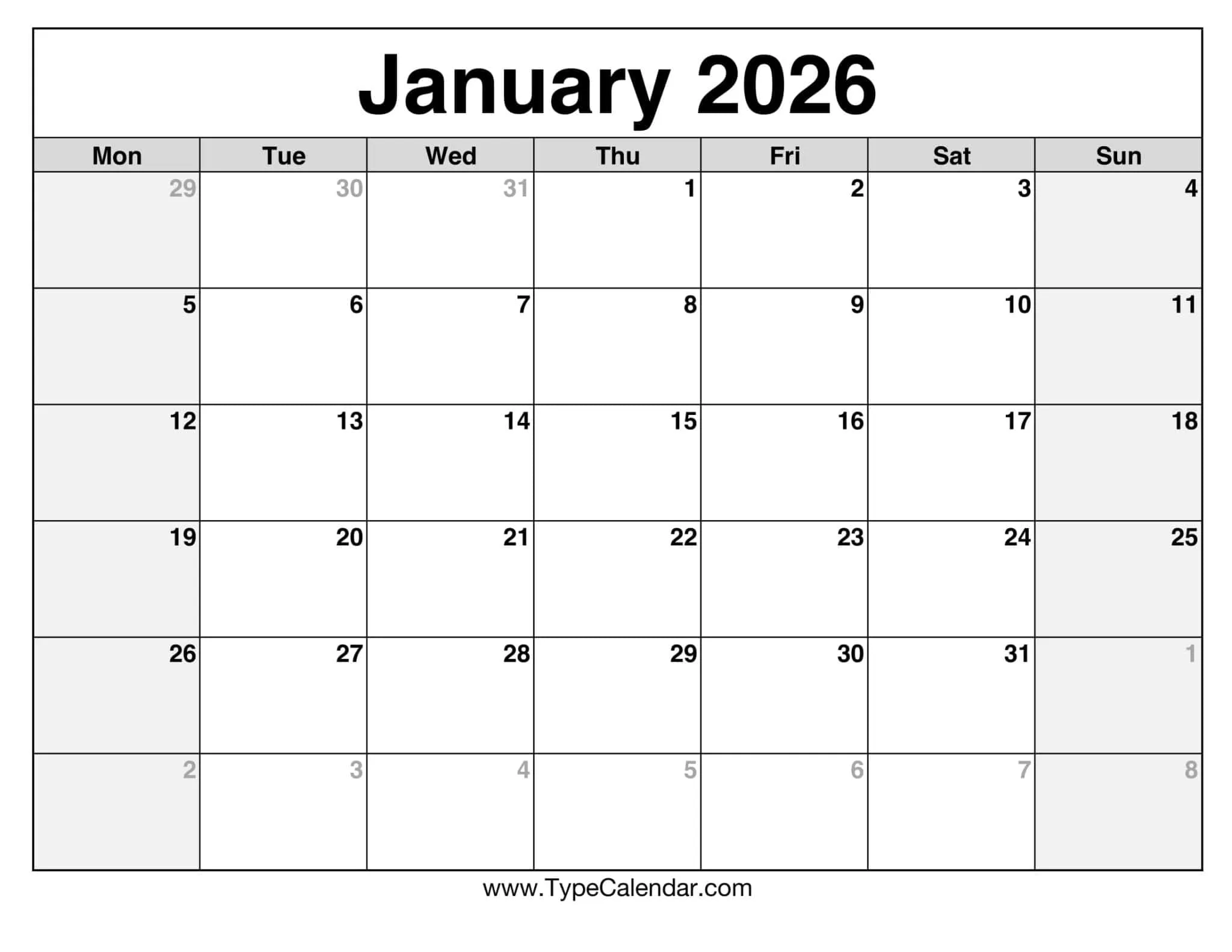 January 2026 Calendars Free Printable Templates January 2026 Calendars Free Printable Templates