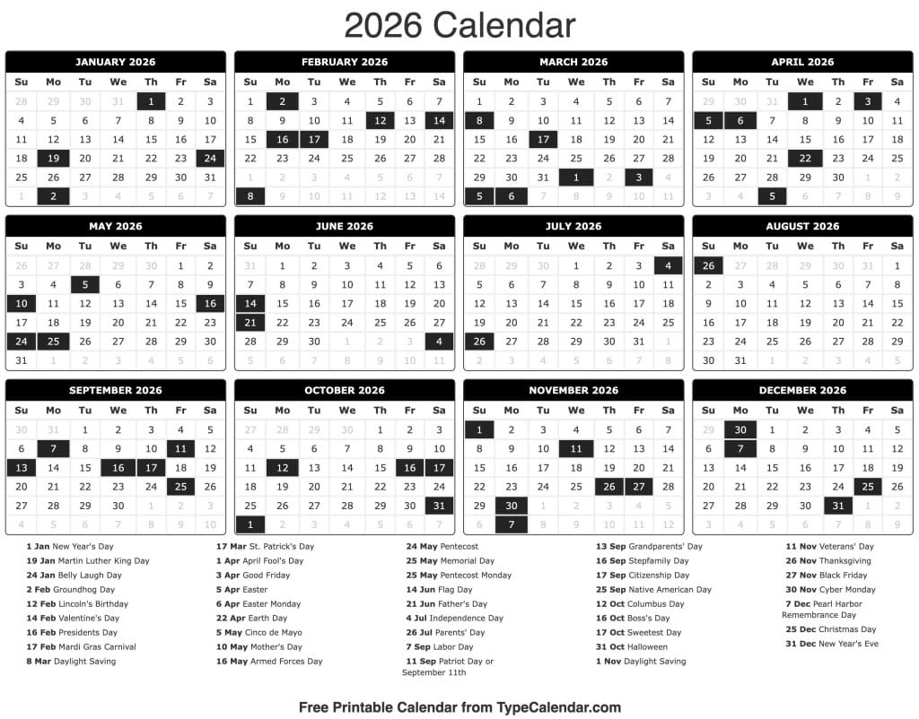 2026 Calendar - Free Printable Calendar With Holidays 2026 calendar - free printable calendar with holidays