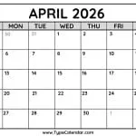 April 2026 Calendar