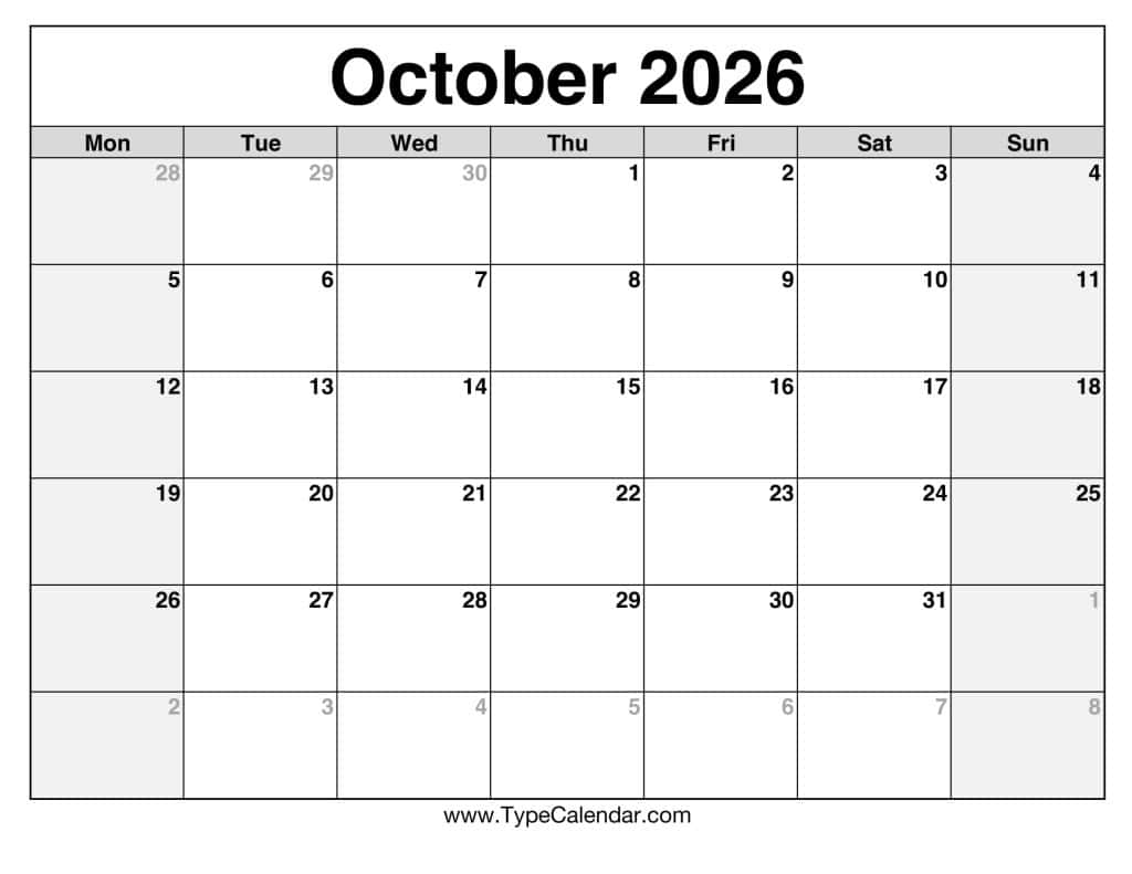 October 2026 Calendars Free Printable Templates
