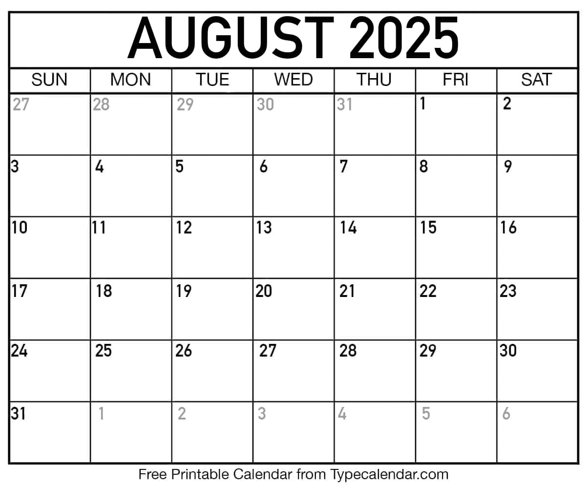 August 2025 calendar with holidays printable August 2025 calendar with holidays printable