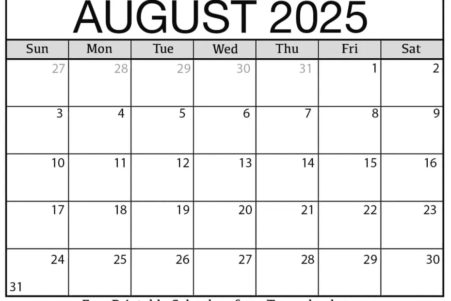 Blank august 2025 calendar pdf printable