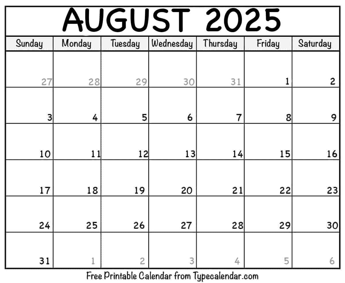 Free august 2025 calendar template print Free august 2025 calendar template print