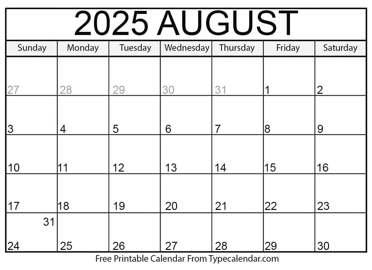 Printable august 2025 monthly calendar template Printable august 2025 monthly calendar template