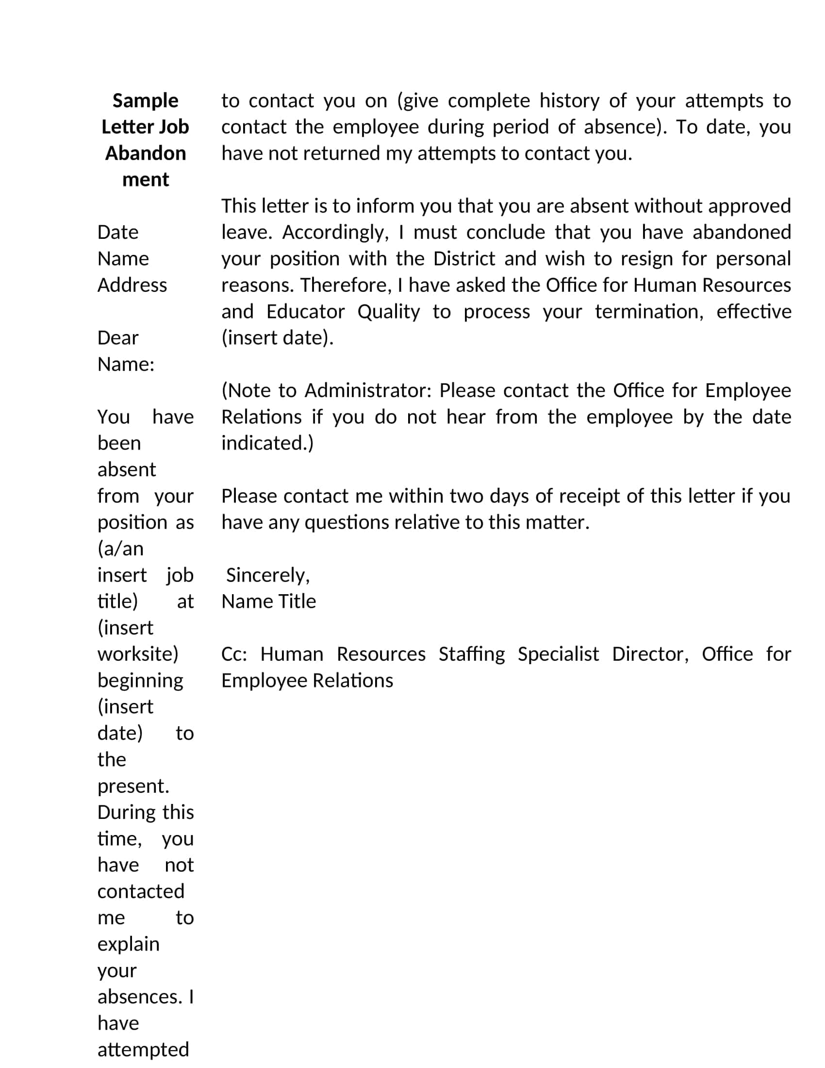 Blank Job Abandonment Letter Blank Job Abandonment Letter