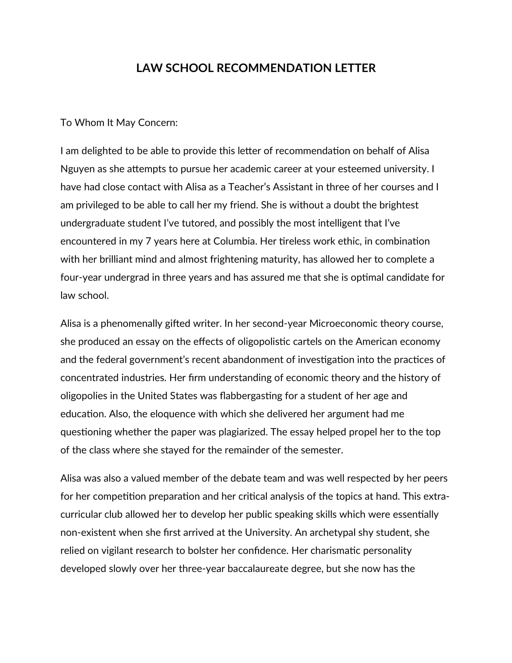 Example For Law School Letter Of Recommendation Example For Law School Letter Of Recommendation
