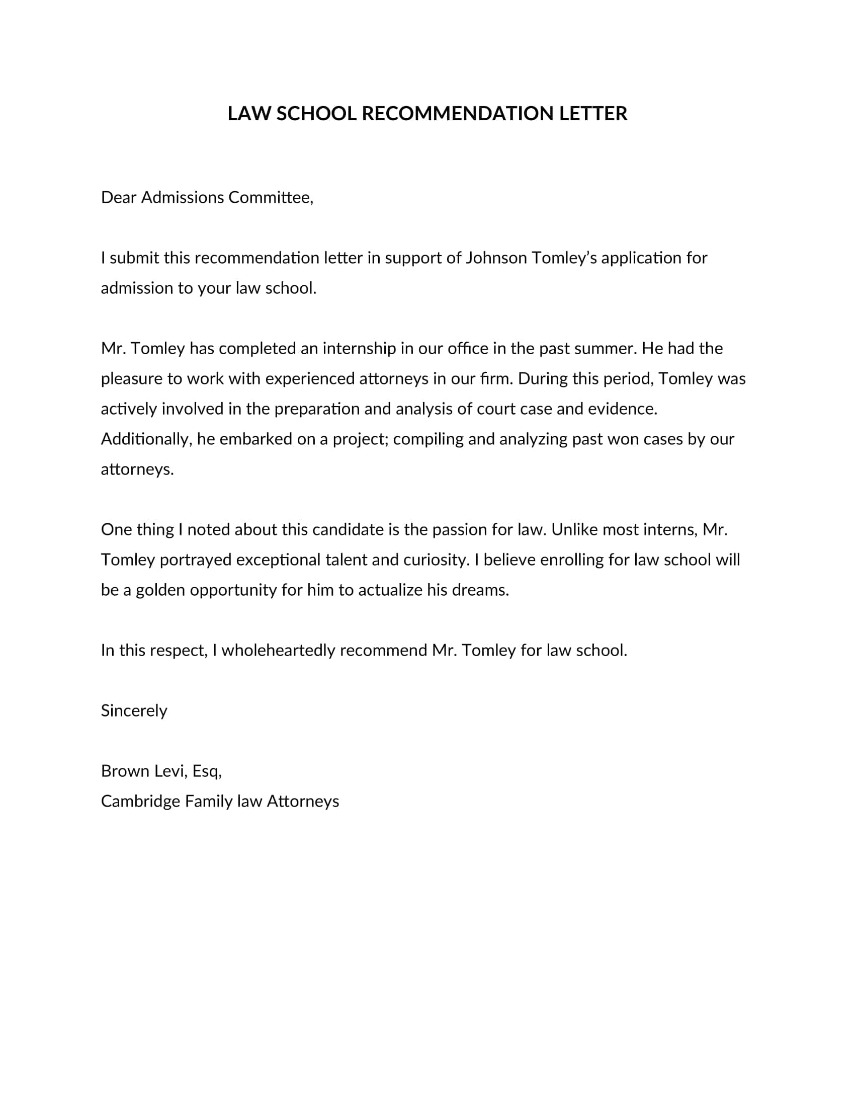 Example Law School Letter Of Recommendation Example Law School Letter Of Recommendation