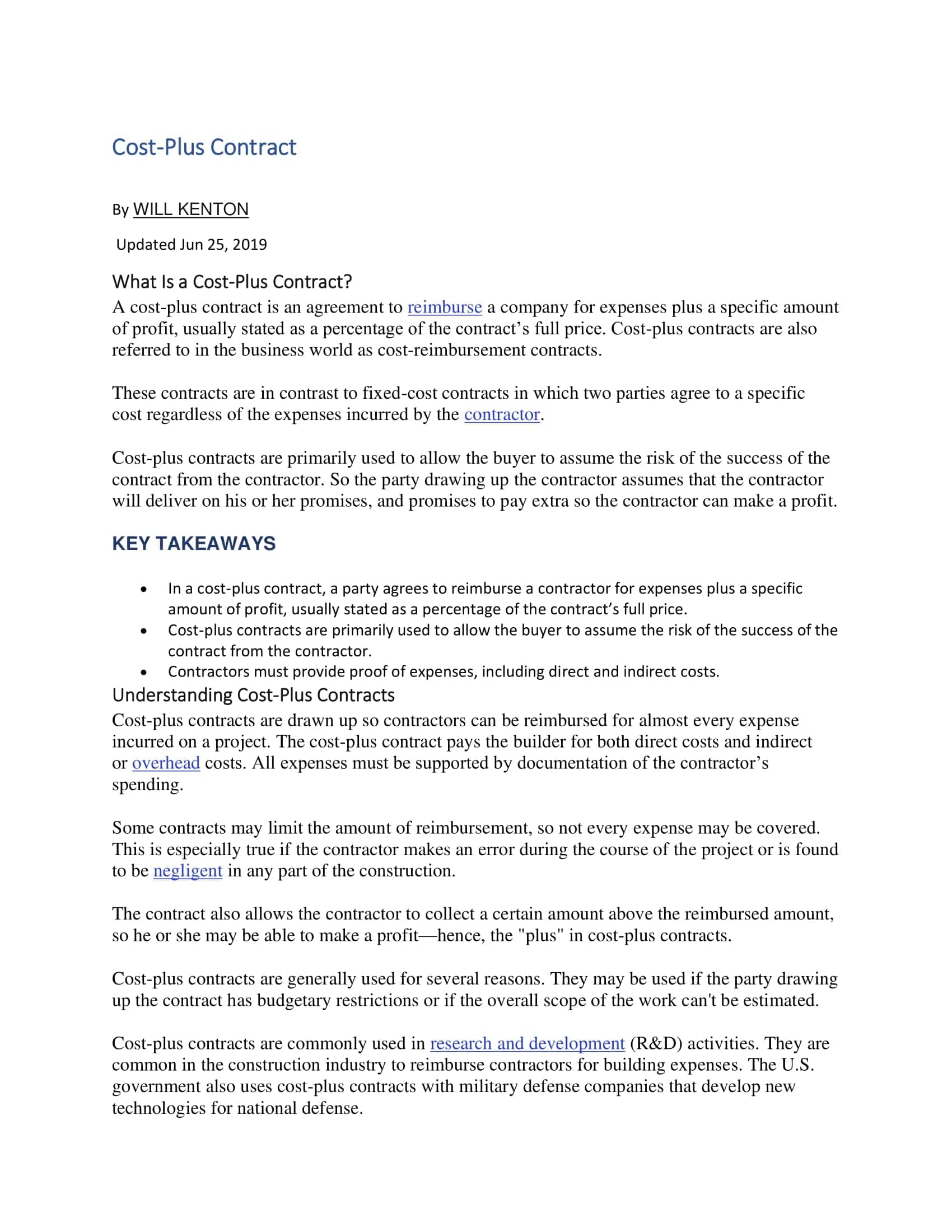 Fillable Word Cost Plus Contract Fillable Word Cost Plus Contract