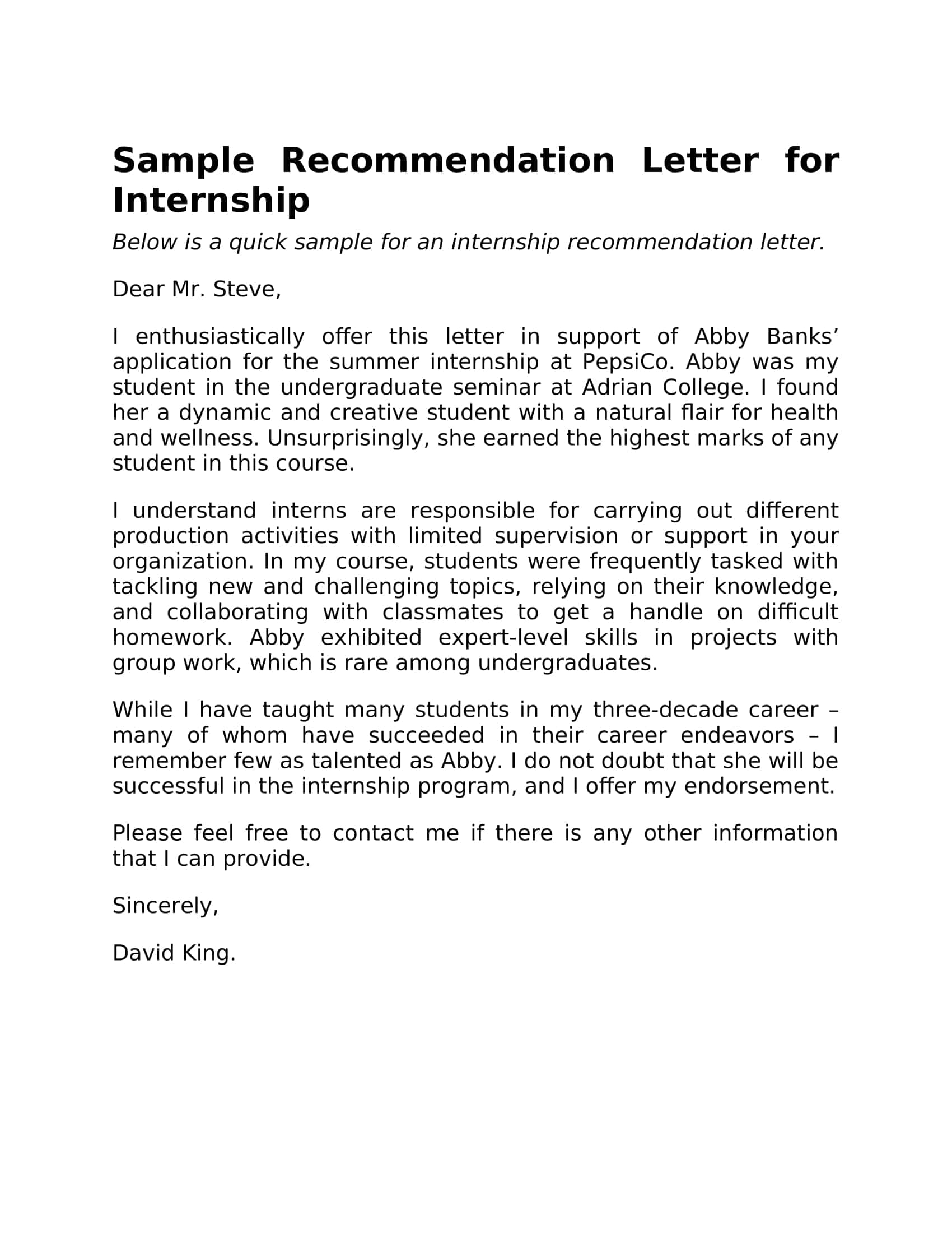 Free Download Recommendation Letters For Internship Free Download Recommendation Letters For Internship