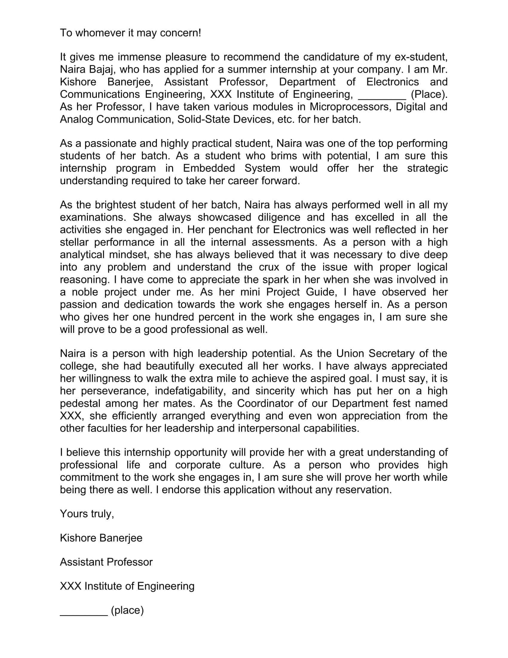 Free Editable Recommendation Letters For Internship Free Editable Recommendation Letters For Internship