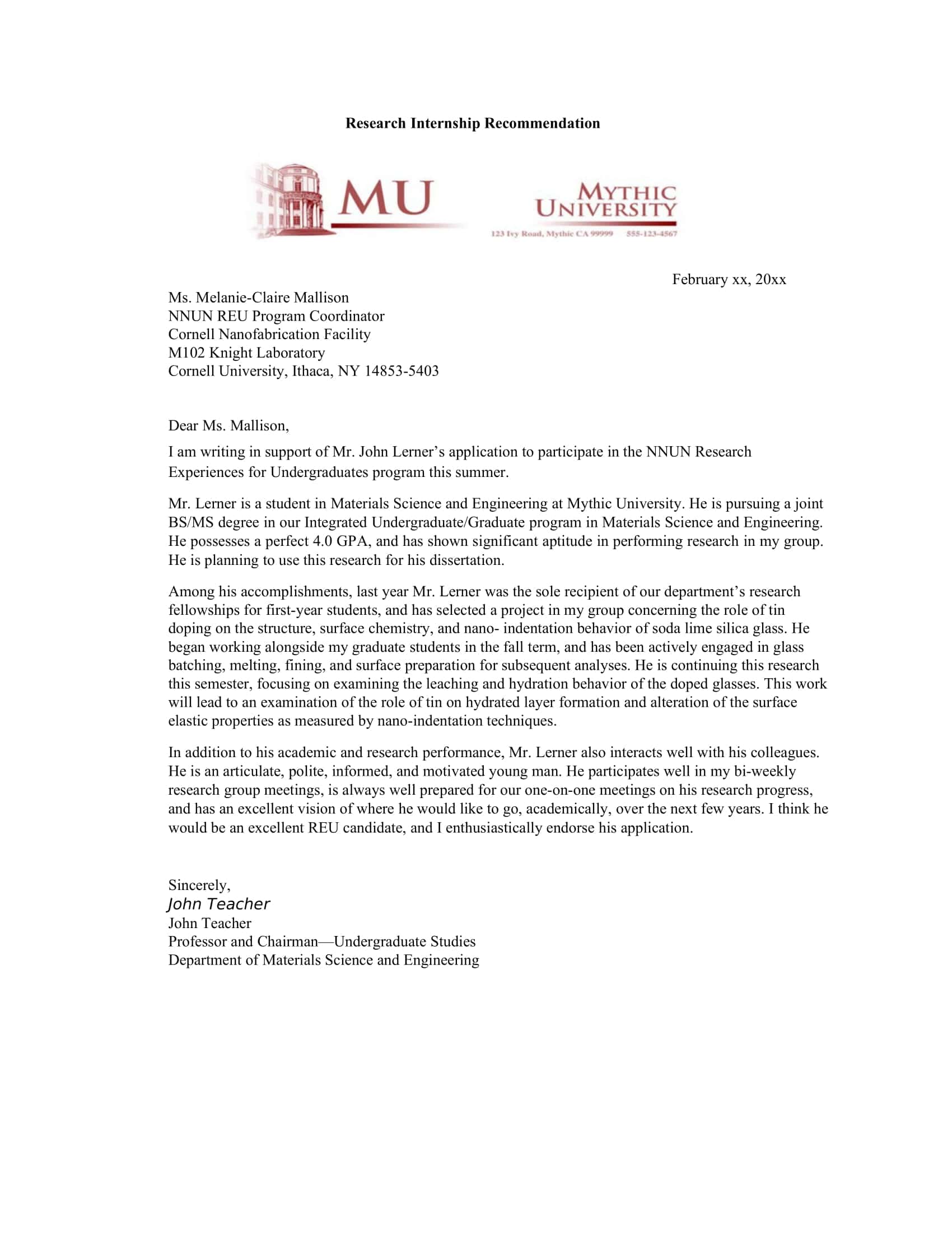 Free Printable Recommendation Letters For Internship Free Printable Recommendation Letters For Internship