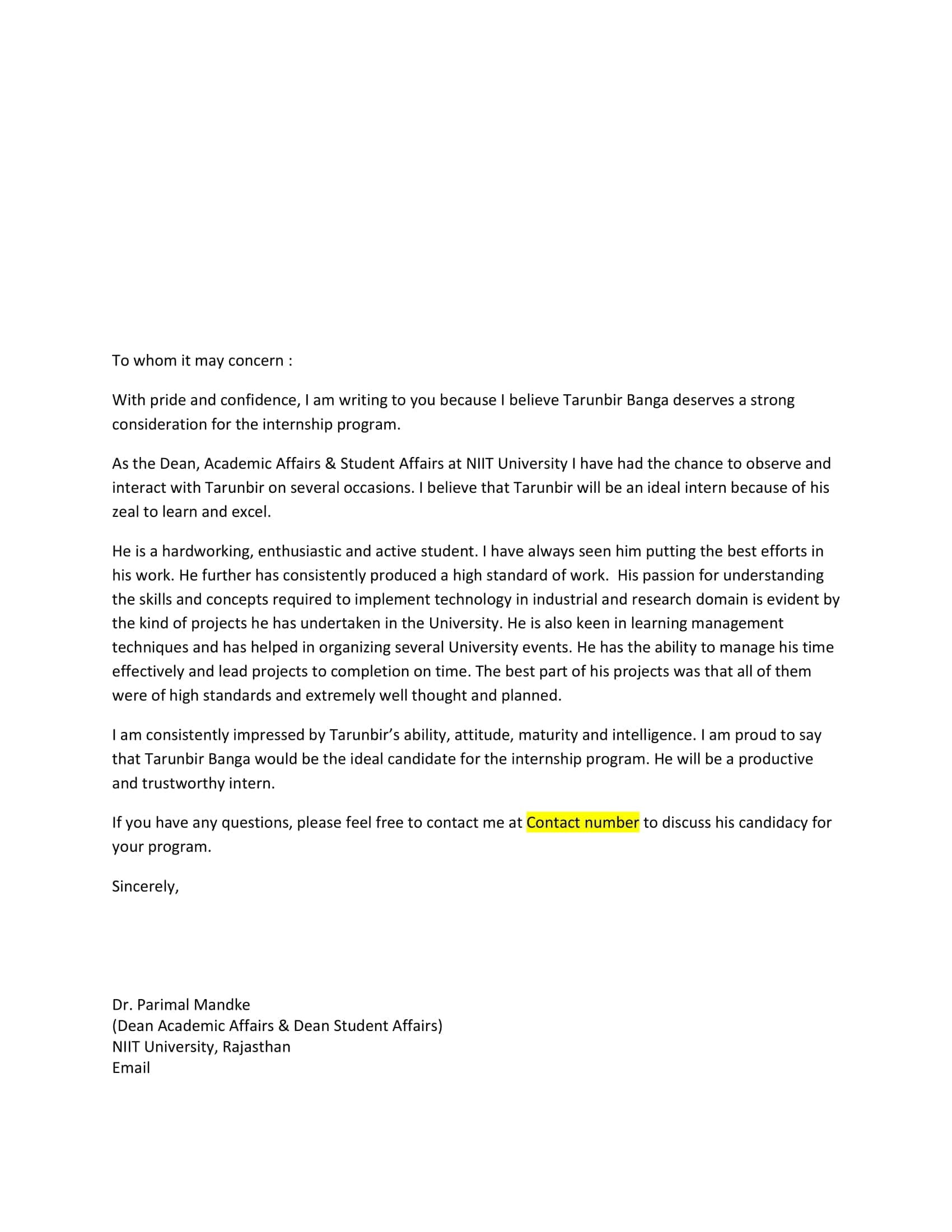 Free Recommendation Letters For Internship Free Recommendation Letters For Internship