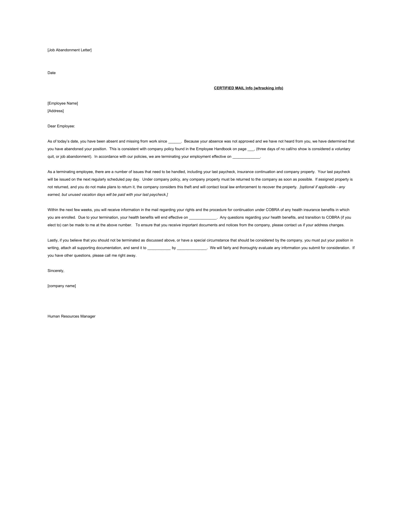 Job Abandonment Letter Editable Example Job Abandonment Letter Editable Example