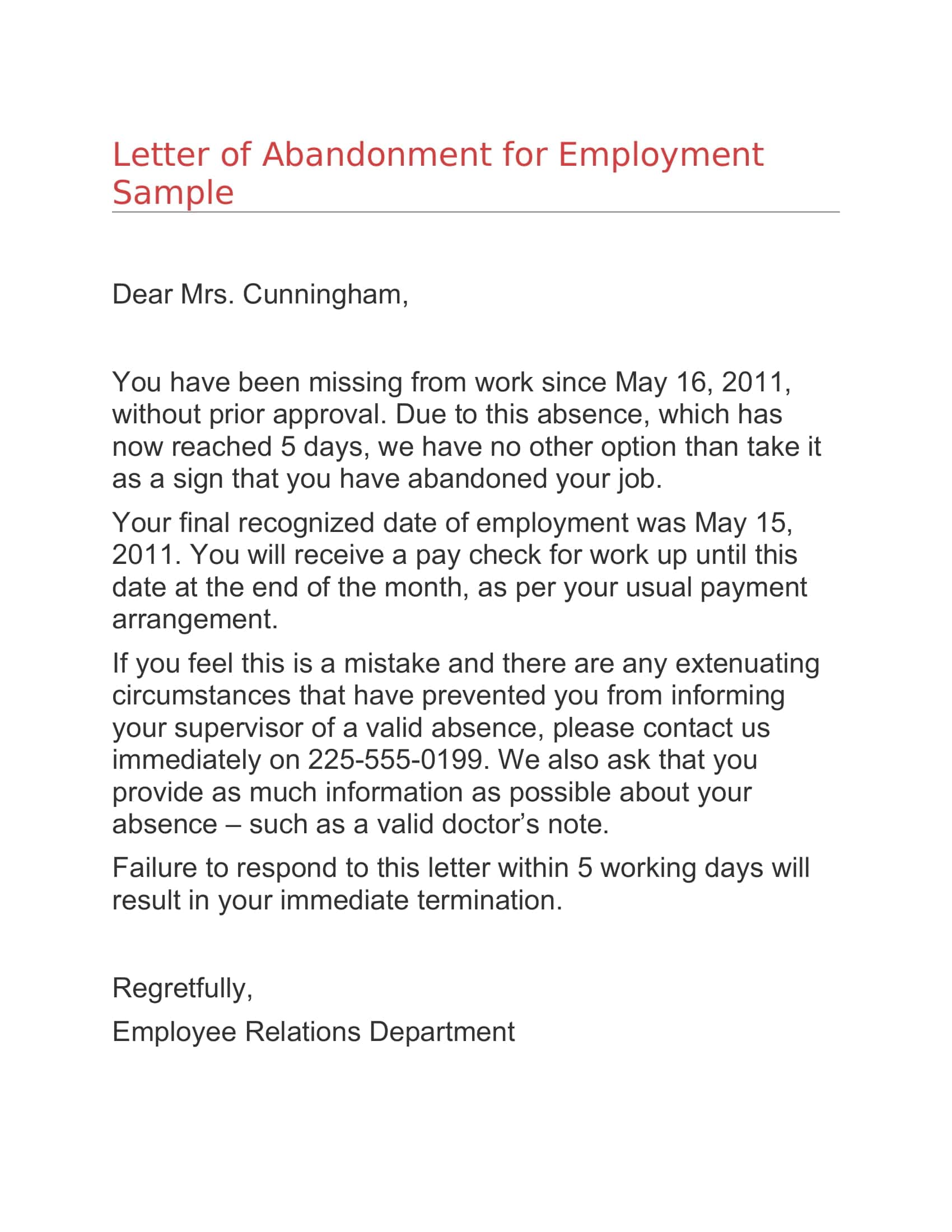 Job Abandonment Letter Free Example Job Abandonment Letter Free Example
