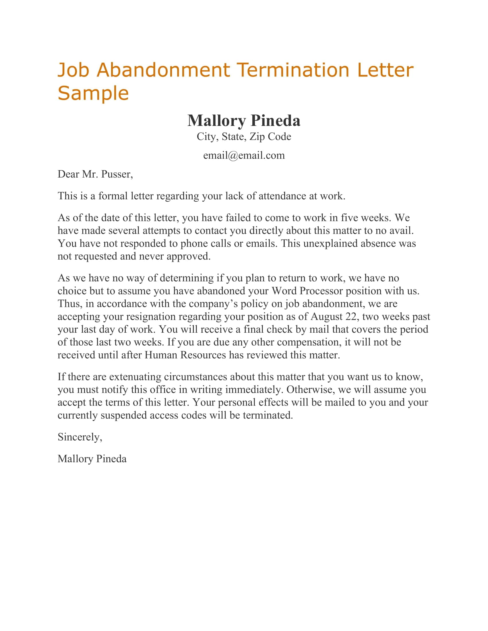 Job Abandonment Letter Free Job Abandonment Letter Free