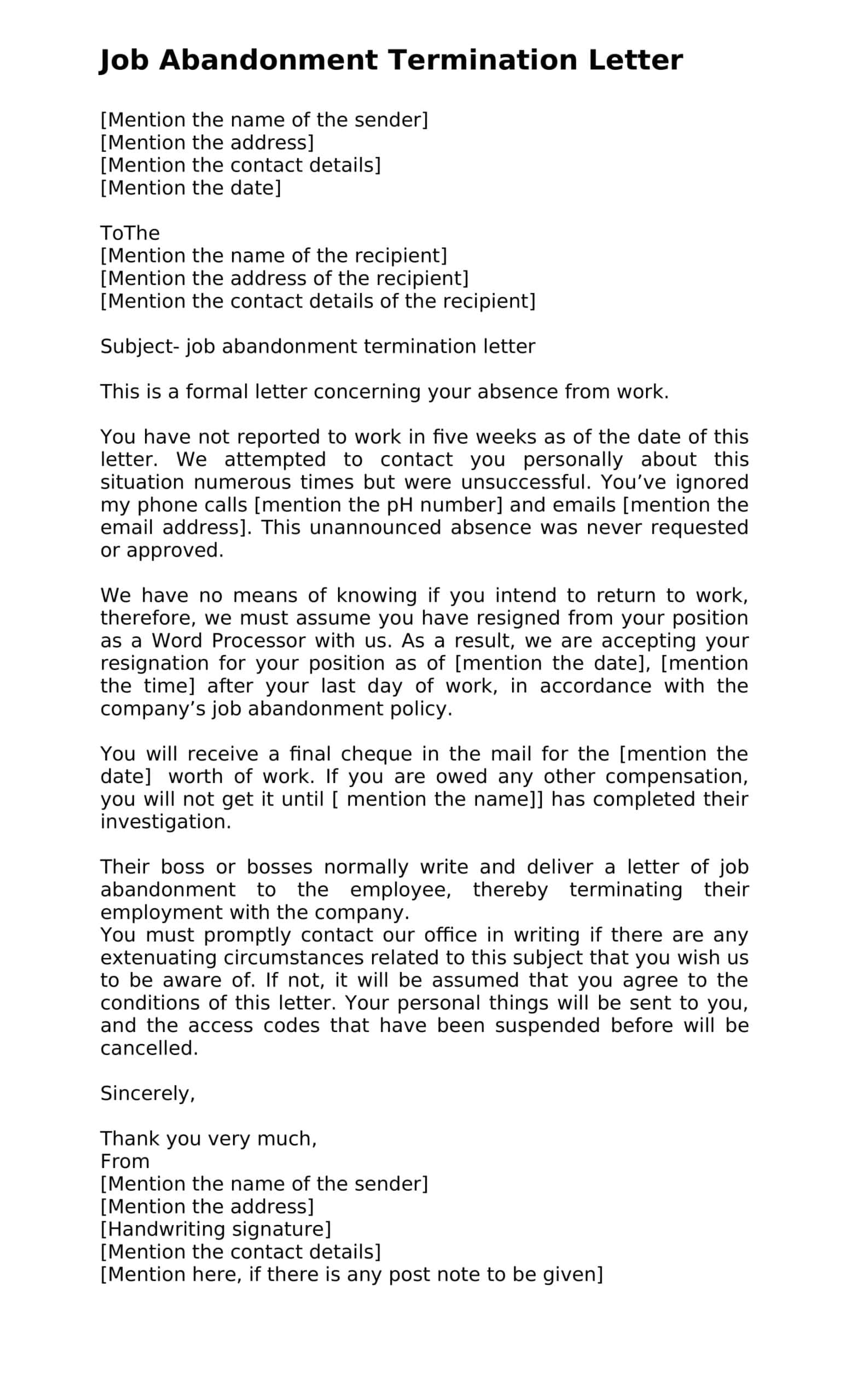 Job Abandonment Letter Pdf Downloadable Job Abandonment Letter Pdf Downloadable