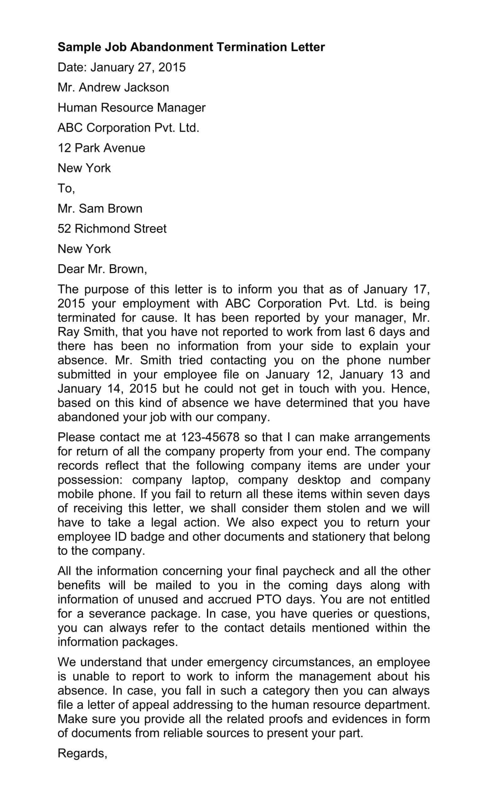 Job Abandonment Letter Pdf Editable Job Abandonment Letter Pdf Editable