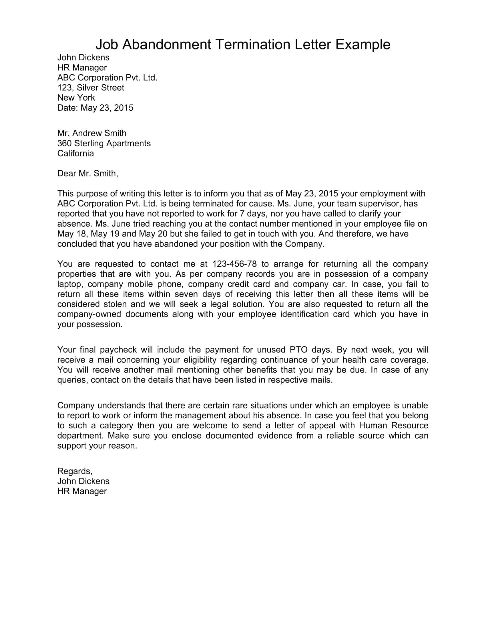 Job Abandonment Letter Pdf Example Job Abandonment Letter Pdf Example