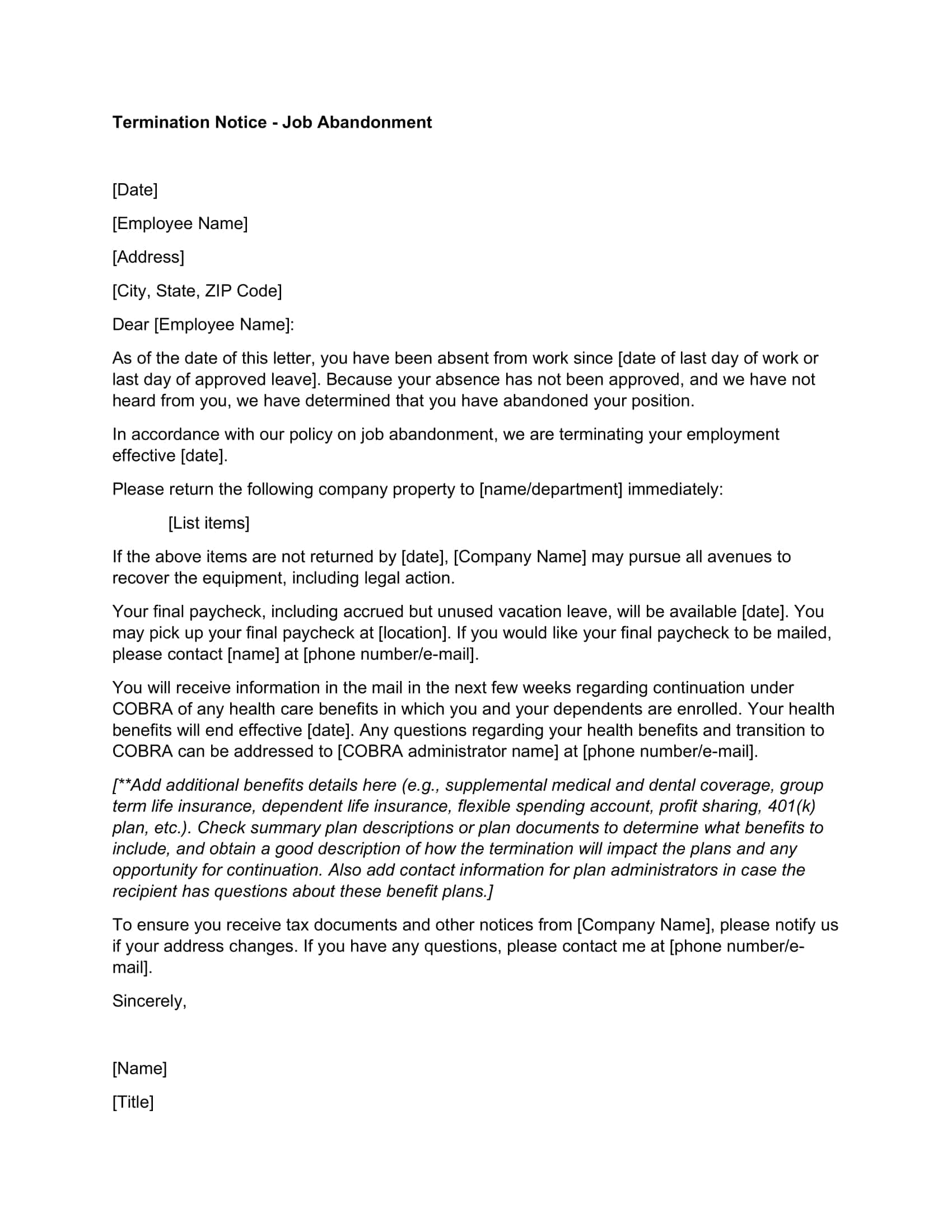 Job Abandonment Letter Sample Job Abandonment Letter Sample