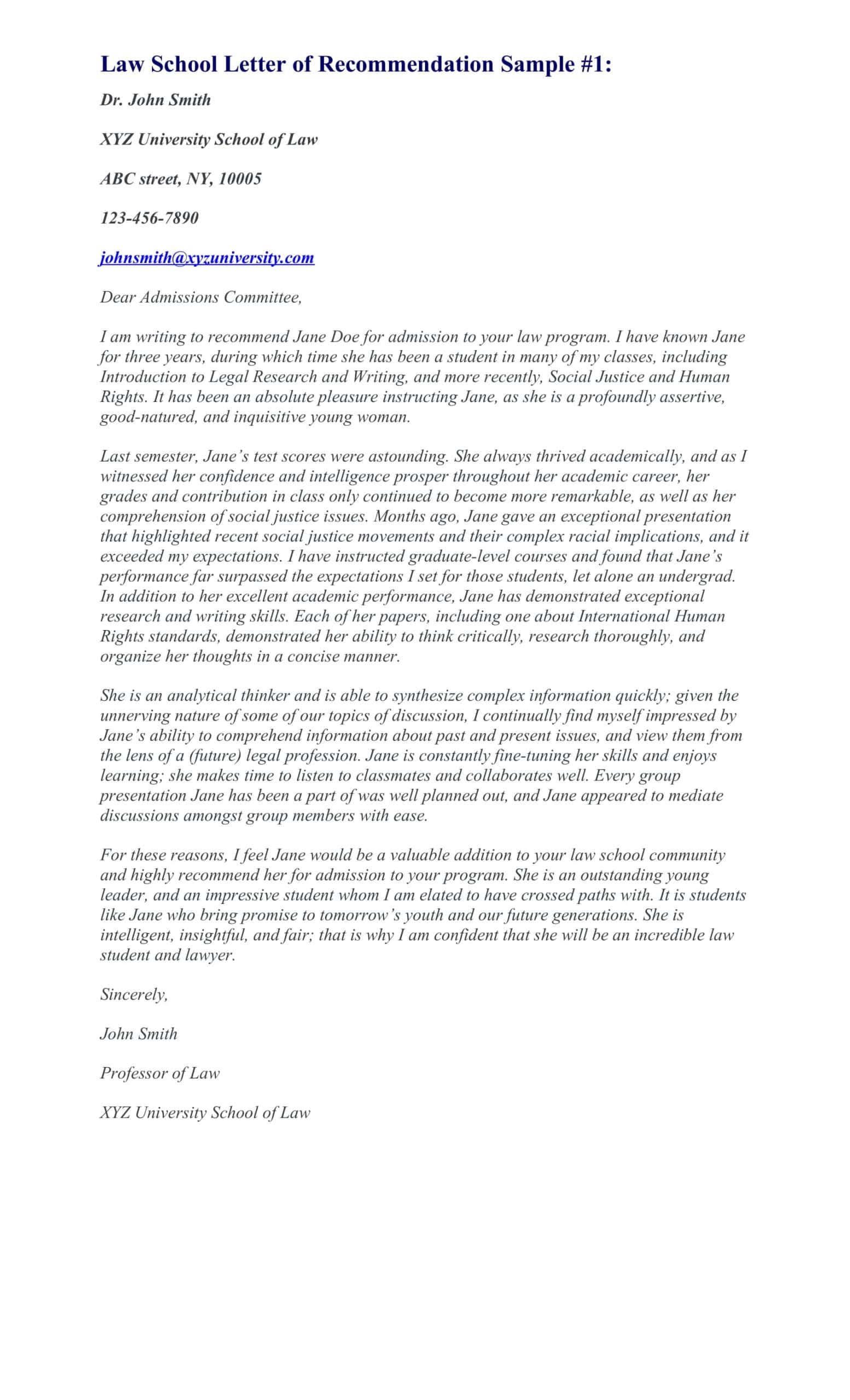 Law School Letter Of Recommendation Free Law School Letter Of Recommendation Free