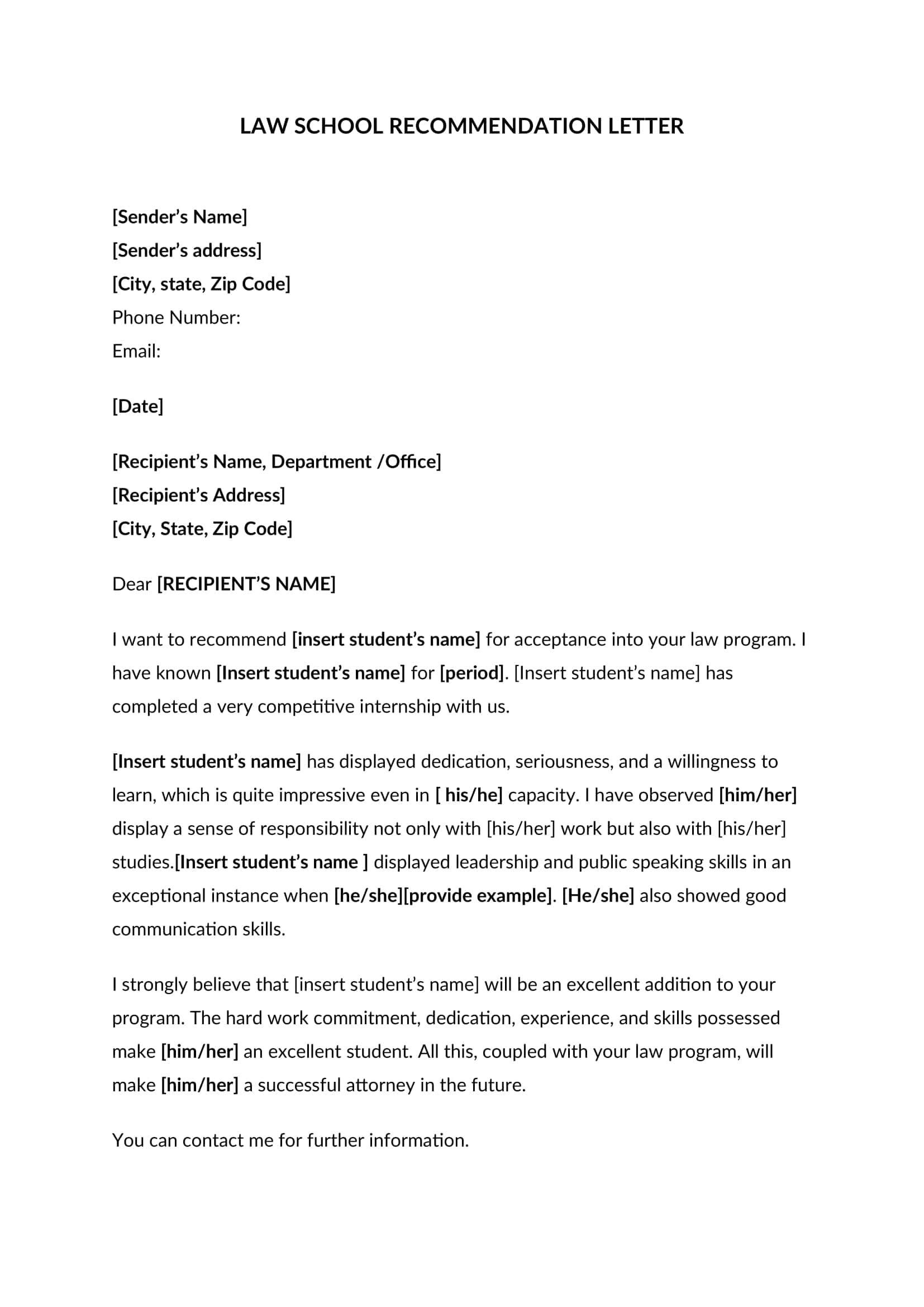 Law School Letter Of Recommendation Template Law School Letter Of Recommendation Template