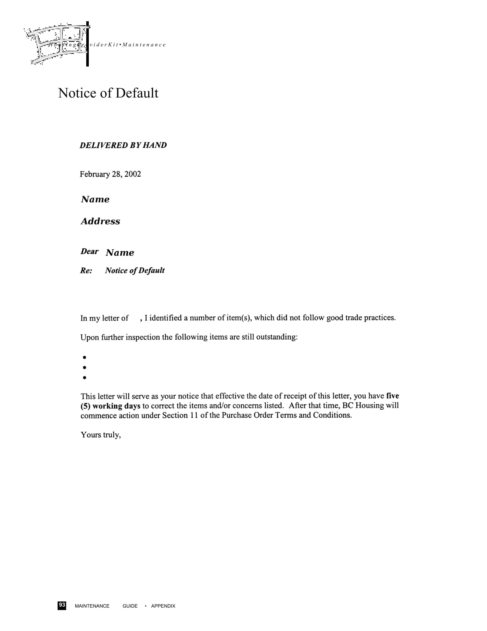 Notice Of Default Sample Notice Of Default Sample