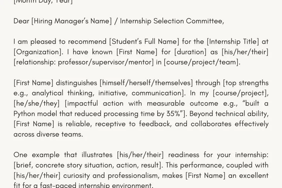 Recommendation Letter For Internship