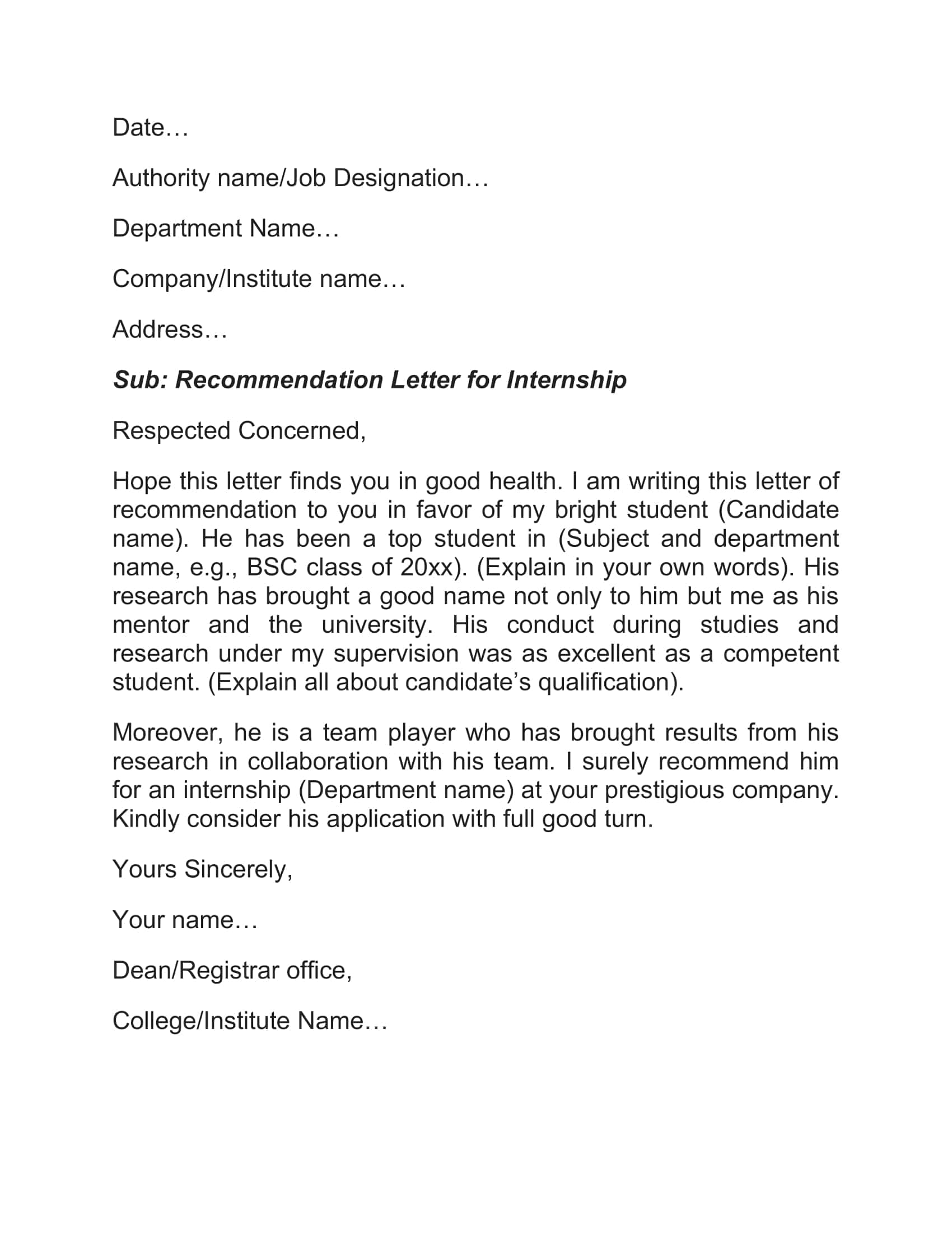 Sample Example Recommendation Letters For Internship Sample Example Recommendation Letters For Internship