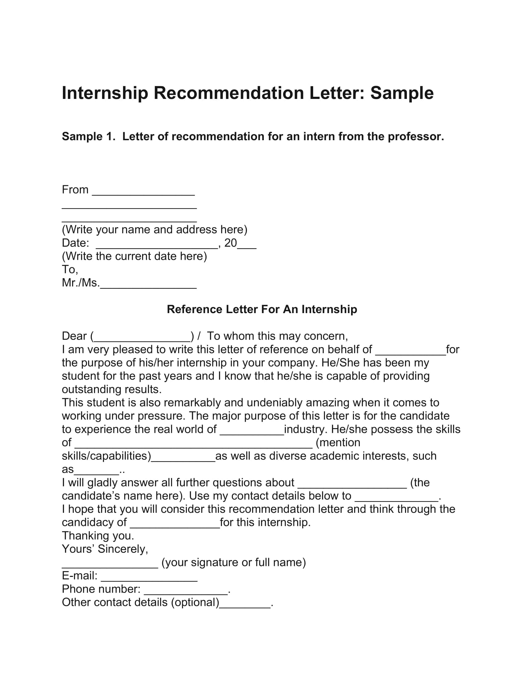 Sample Fillable Recommendation Letters For Internship Sample Fillable Recommendation Letters For Internship