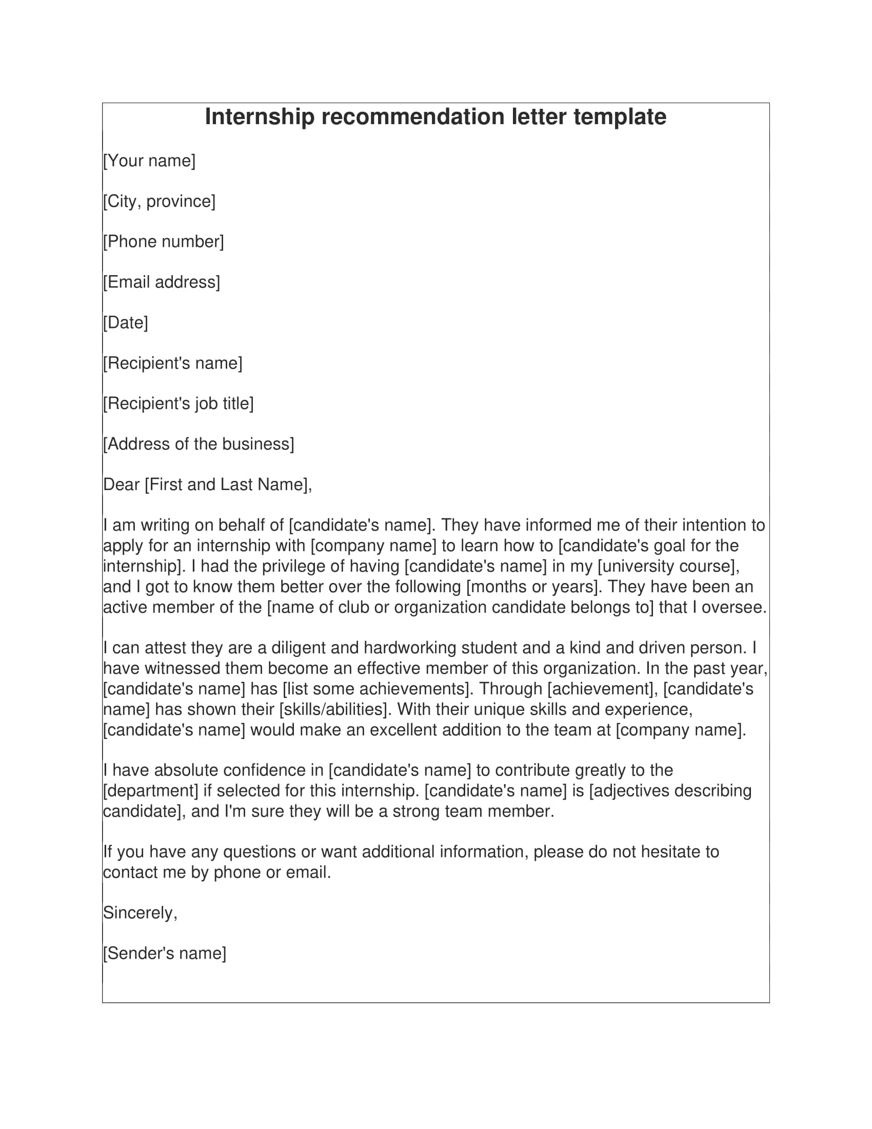 Sample Printable Recommendation Letters For Internship Sample Printable Recommendation Letters For Internship